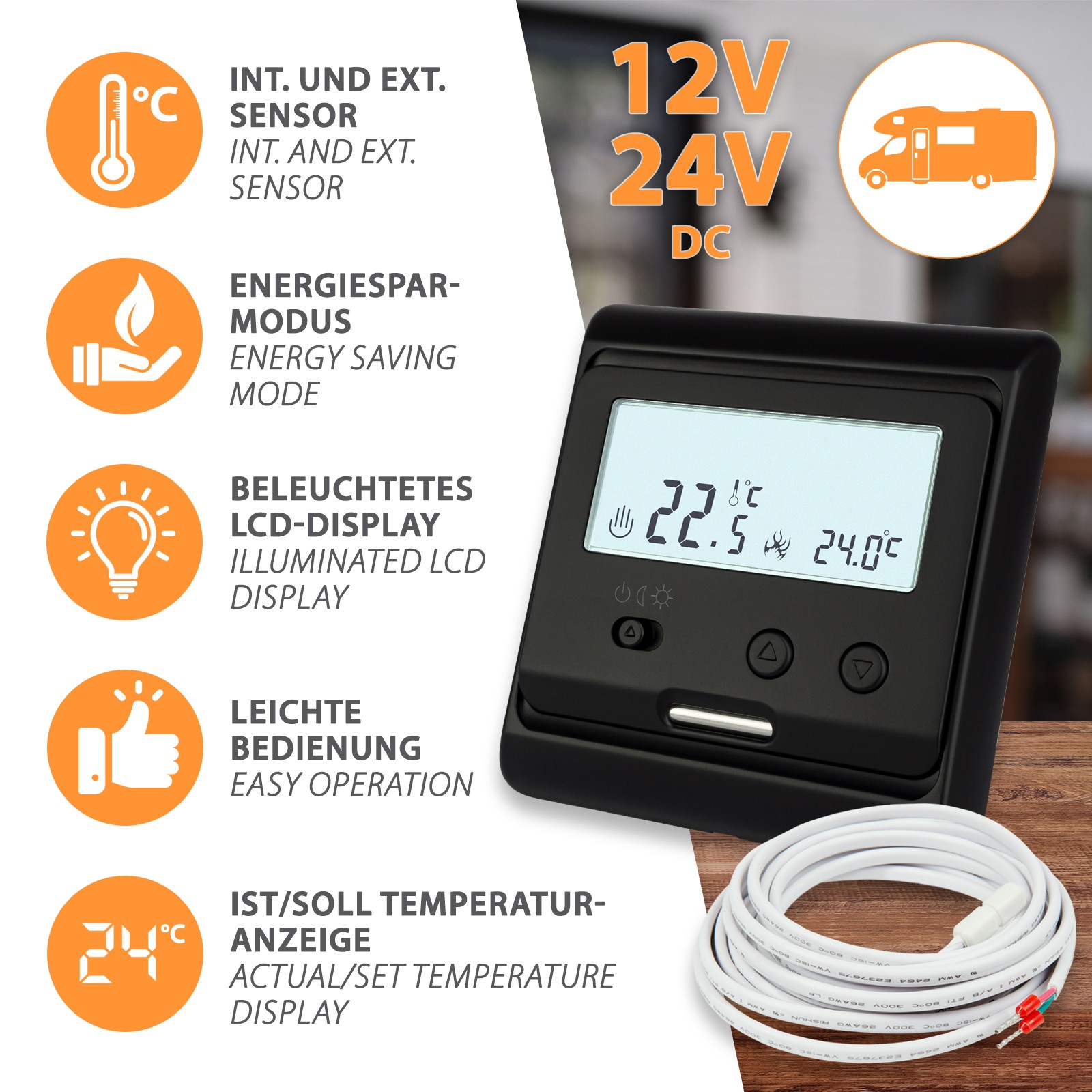 12V 24V Thermostat Temperature Controller Black Caravan Underfloor Heating Motorhome
