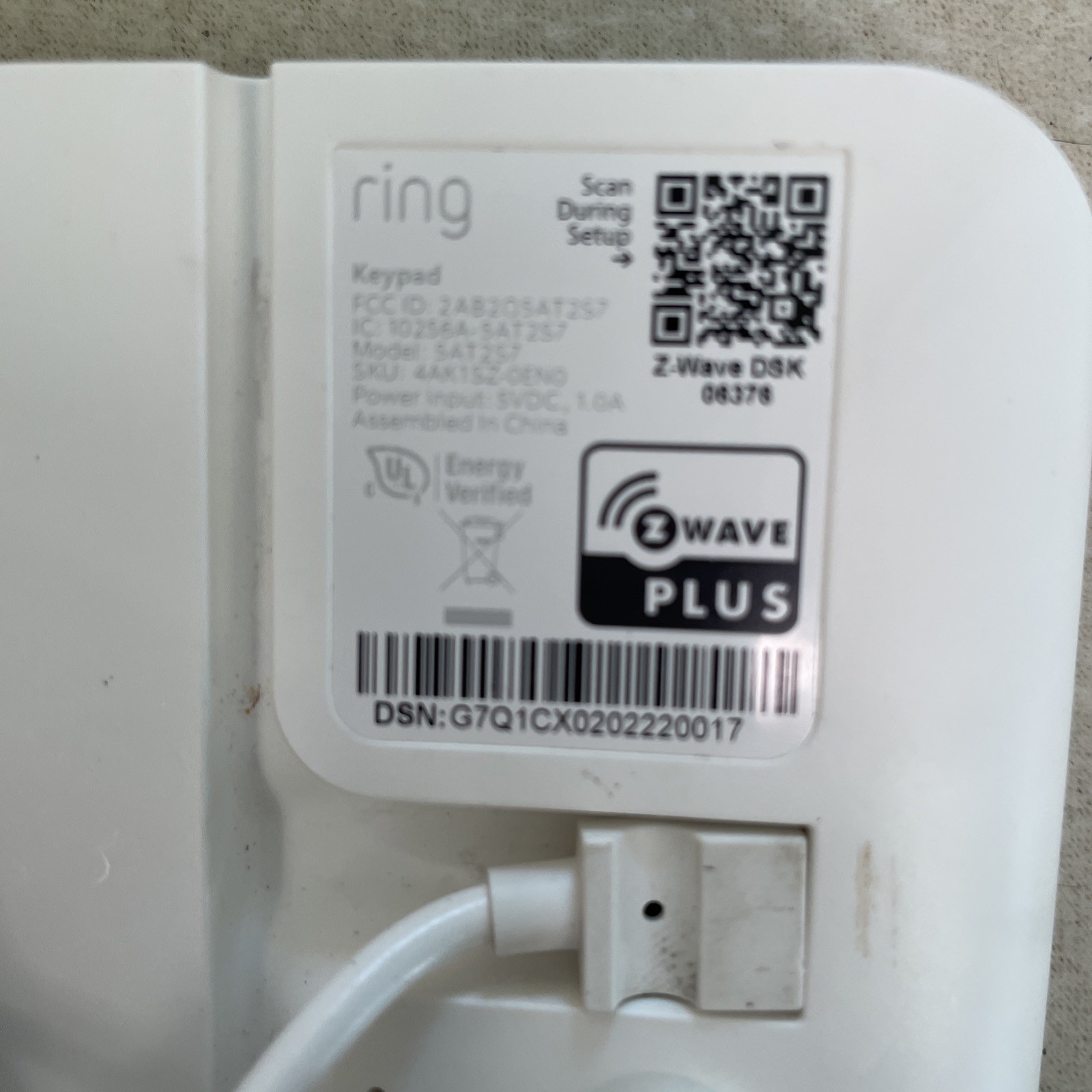 Ring Security Alarm Keypad Z-Wave Plus 06378 w/ Power Adapter Untested White