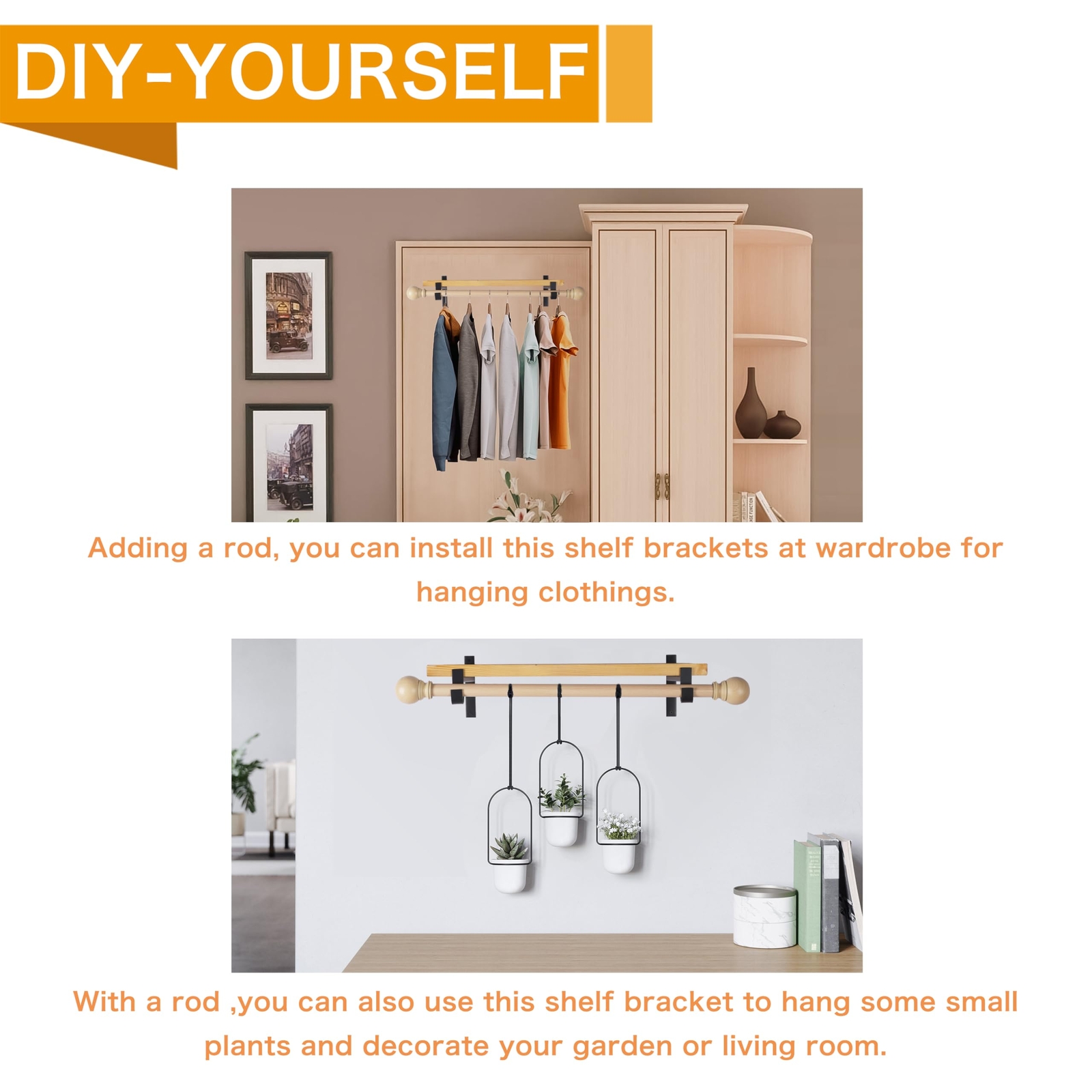 Closet Rod Bracket Shelf Bracket with Hook Black Closet Shelf Bracket with Ro...