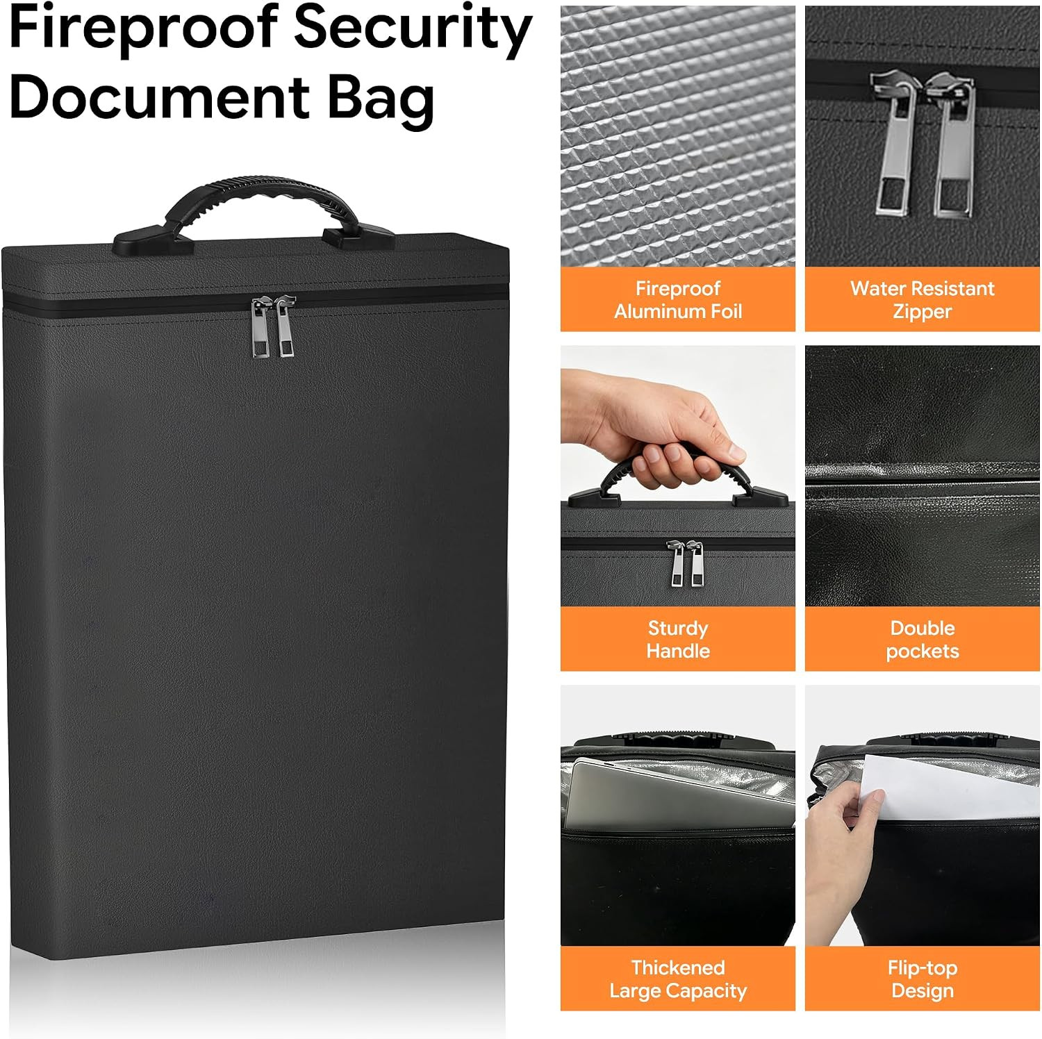 Fireproof Document Bag, Upgrade 6400℉Material Fireproof Money Bag with 2 Pockets