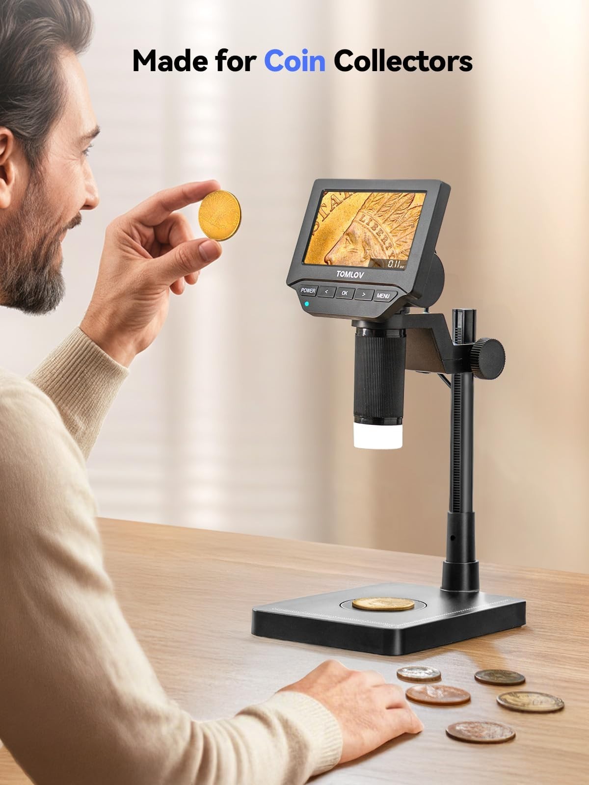4.3" Digital Coin Microscope with Scale, Error Coin Magnifier, LED Lights, USB C