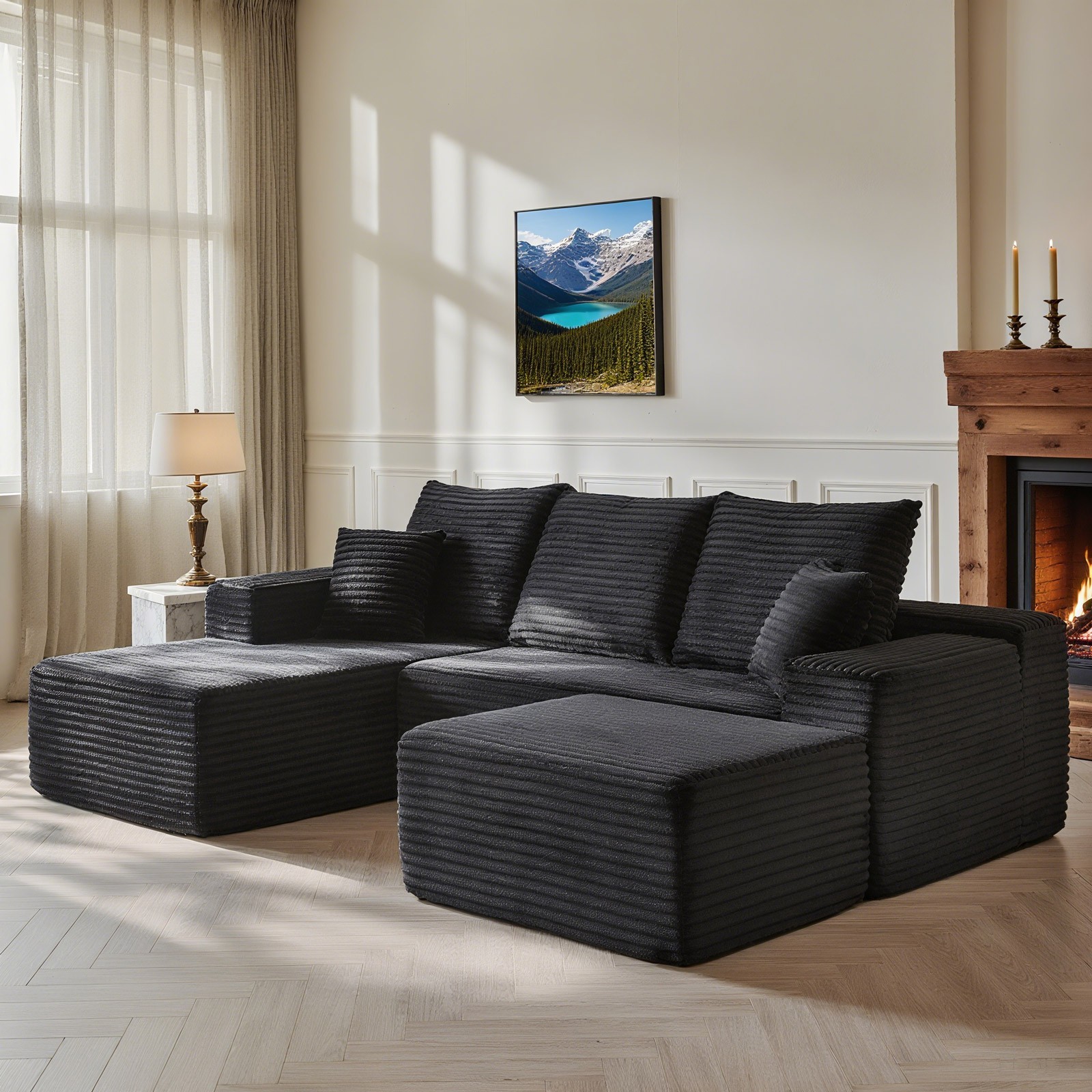 107"Boneless Couch Cloud Sectional Corduroy Sofa Left Facing Chaise with Ottoman