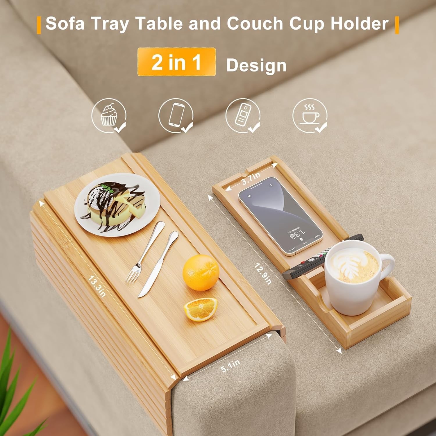 Bamboo Sofa Armrest Tray Couch Arm Tray W/ Detachable Couch Cup Holder 2 in 1