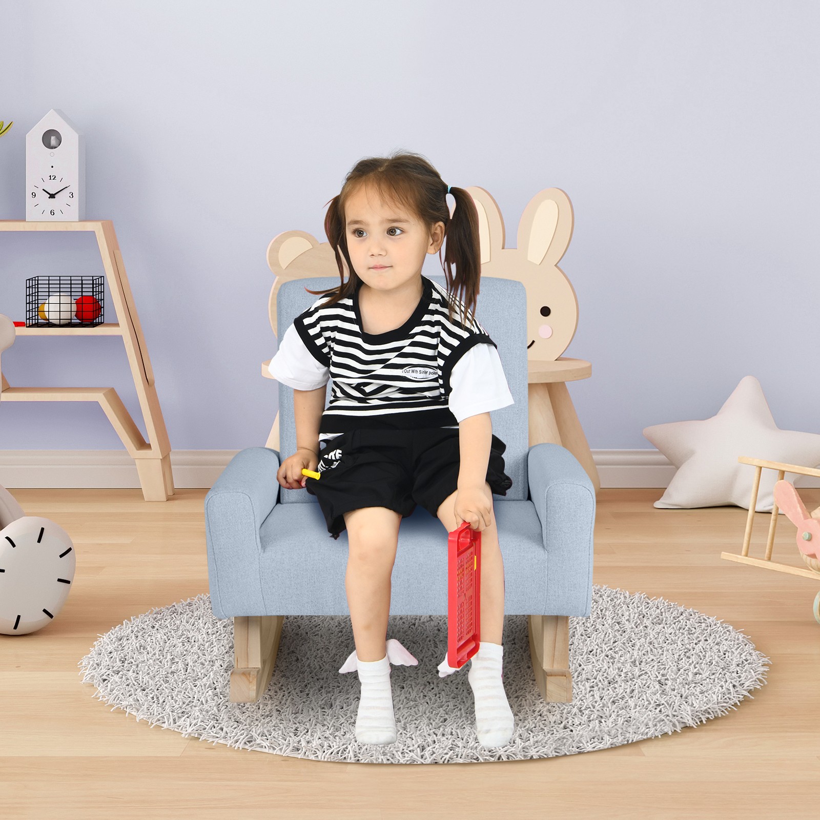 Kids Rocking Chair Children Armchair Linen Upholstered Sofa w/ Solid Wood Legs