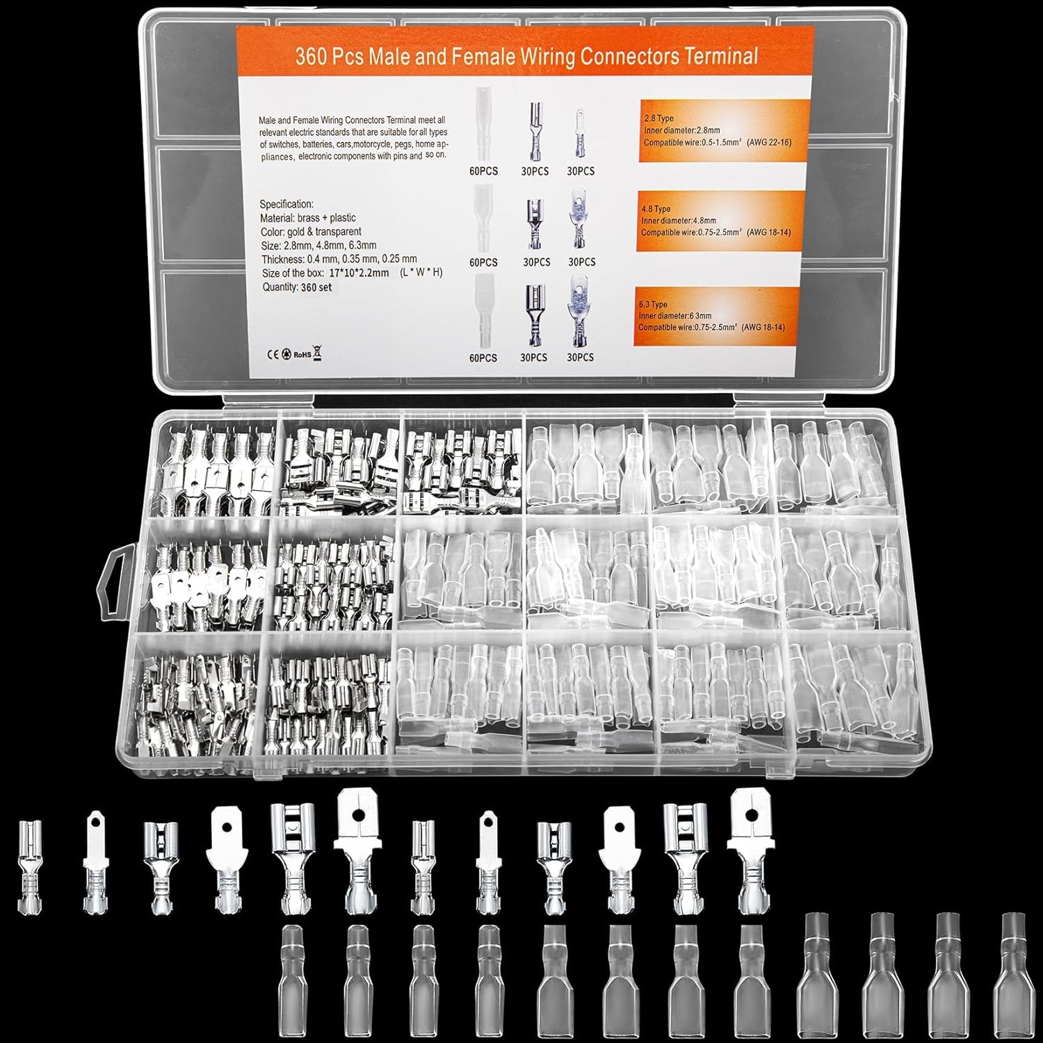 360 Pcs 2.8/4.8/6.3mm Male and Female Wire Spade Connectors, Quick Splice...