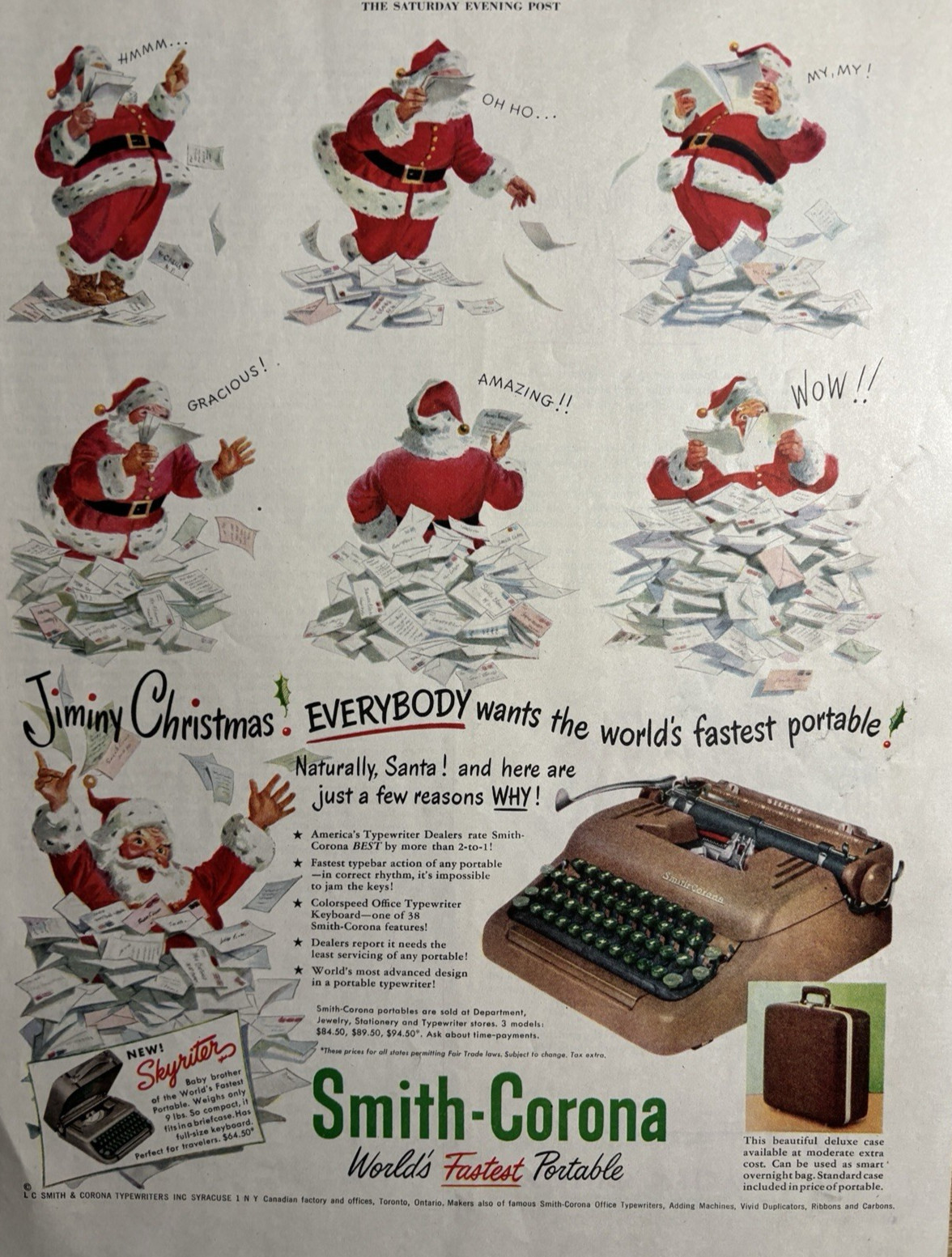 1950 Smith Corona Typewriter Fastest Portable Christmas Santa Vintage Print Ad