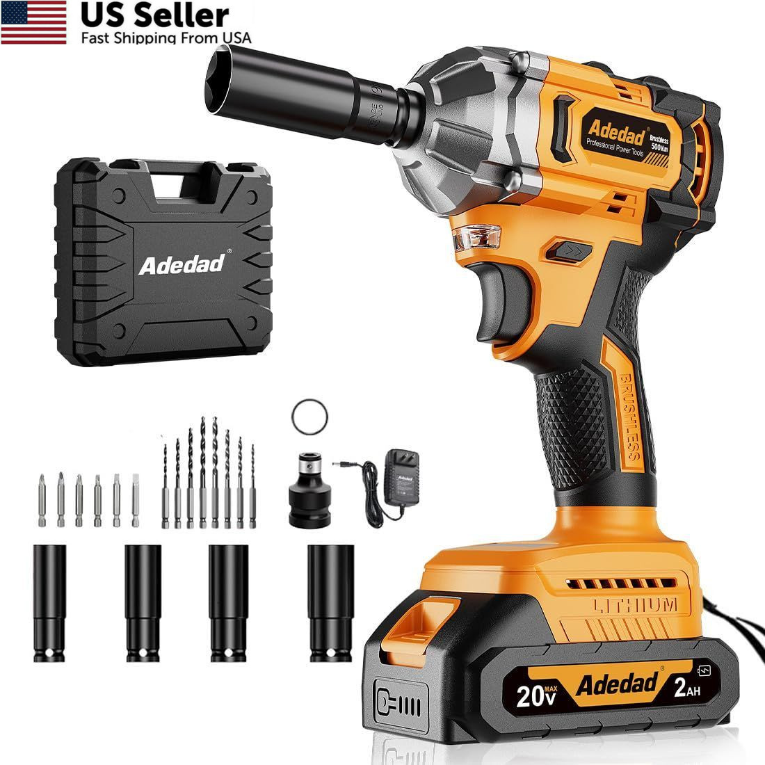 Adedad Brushless Impact Wrench 3-in-1 500N.m(369Ft-lbs) Torque Yellow