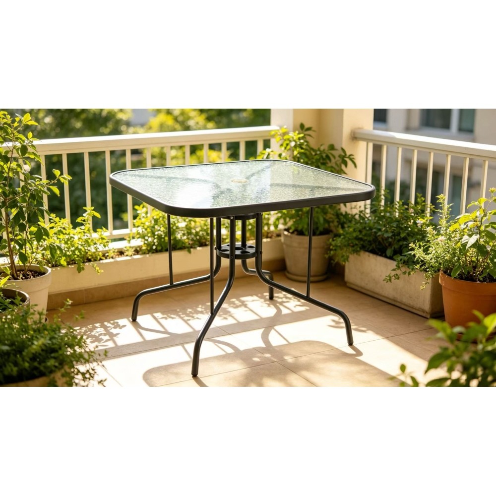 Patio Dining Table 35" Square Tempered Glass 4 Person Outdoor Bistro