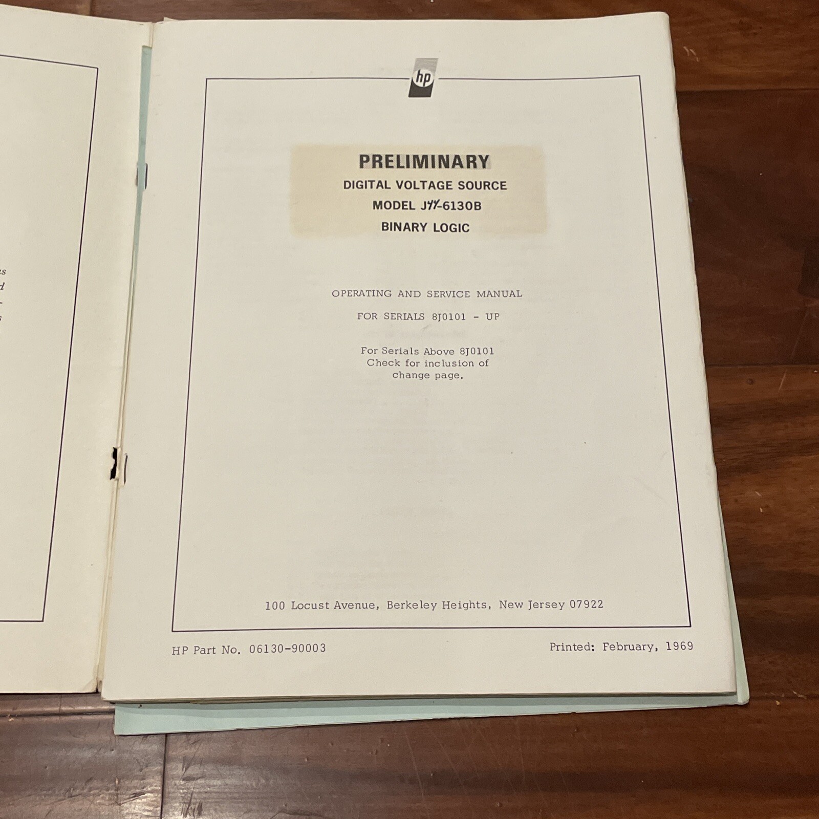 HP J44-6130B Digital Voltage Source Binary Logic Operating Manual 06130-90003