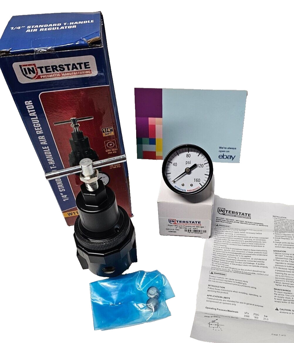 Interstate Pneumatic 1/4" NPT "T" Handle Regulator 0-125 PSI w/Gauge USA W1140T