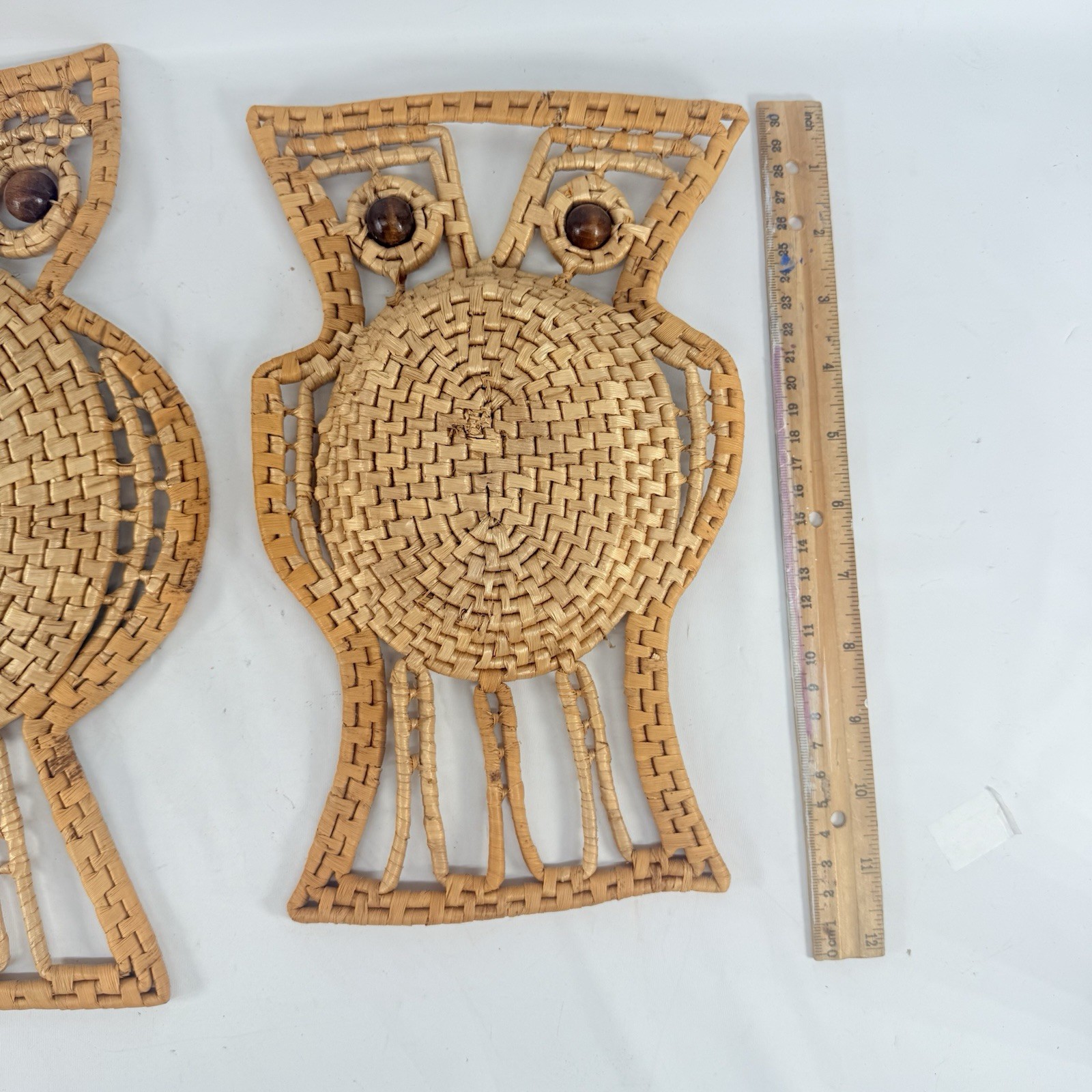 Handcrafted Woven Owl Basket Wall Hanging Trivet Boho Rustic Fall 1970s