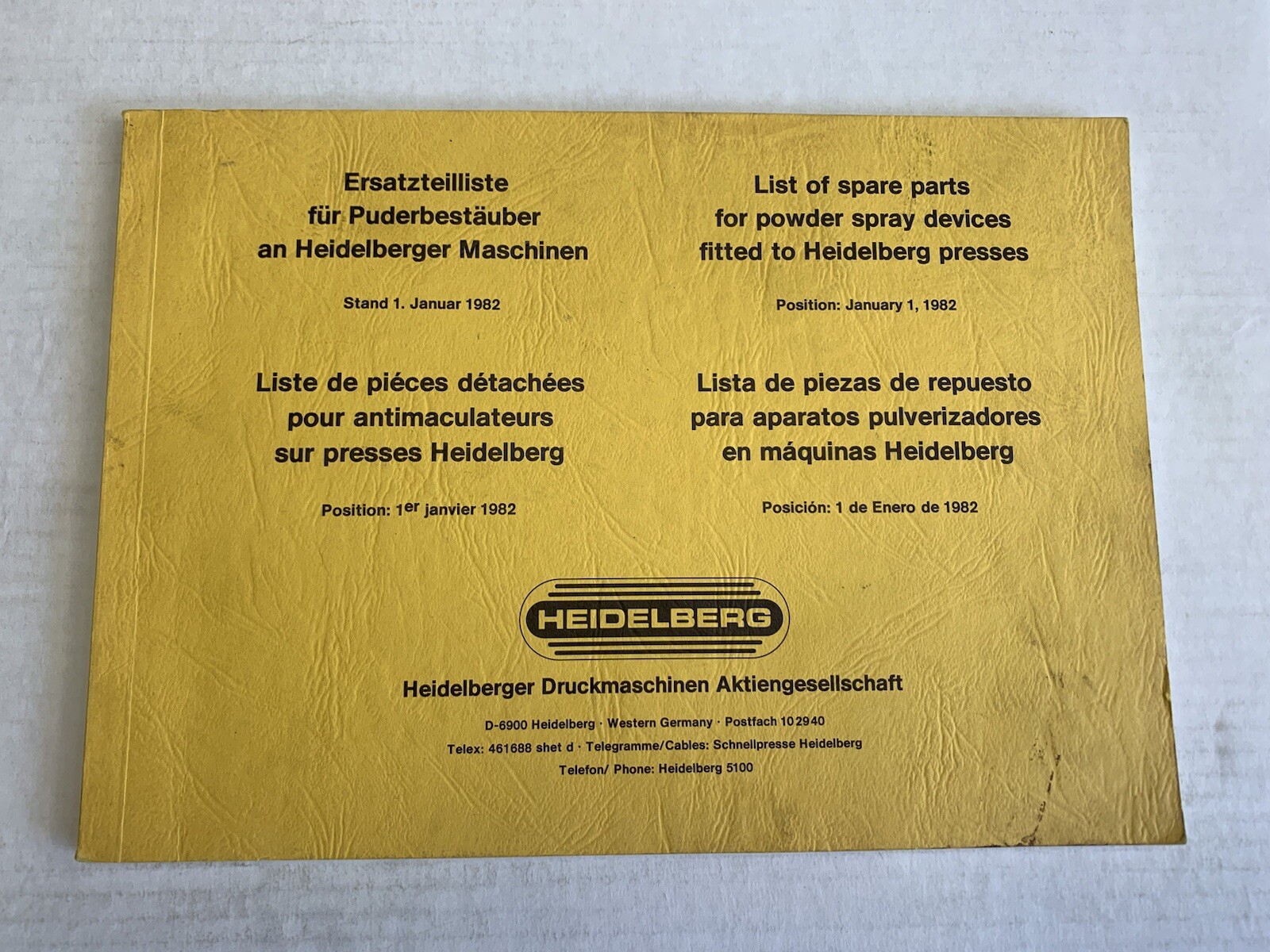 Original Heidelberg Spare Parts Book For Powder Spray Devices From Jan 1. 1982