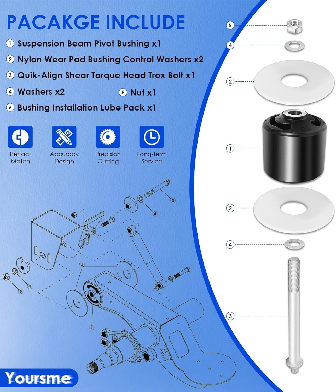 For Hendrickson Quik-Align Pivot Bolt Bushing Kit with Alignment Collar S-21166