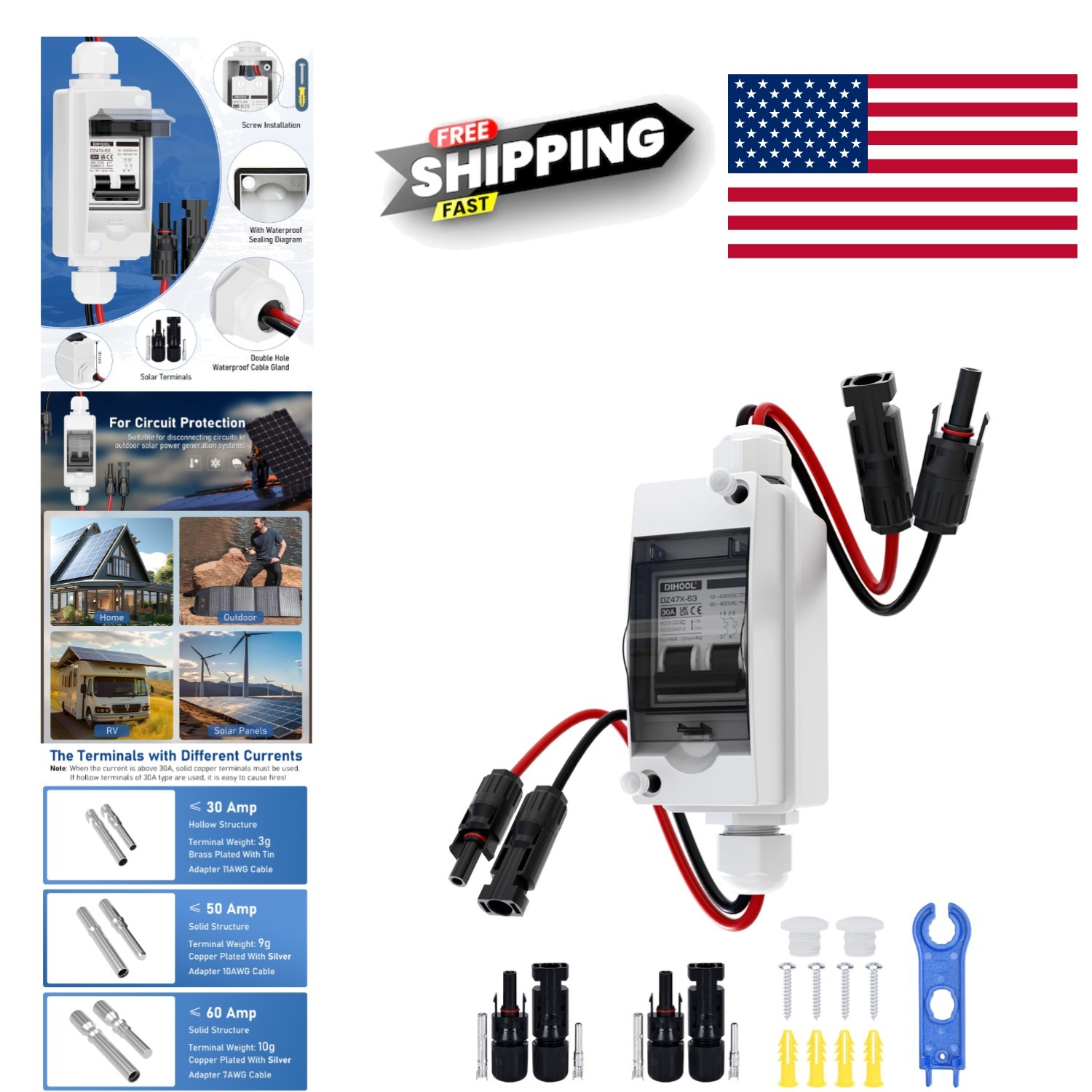 30 Amp DC Circuit Breaker Non Polarized Solar Disconnect Switch for Outdoor Use