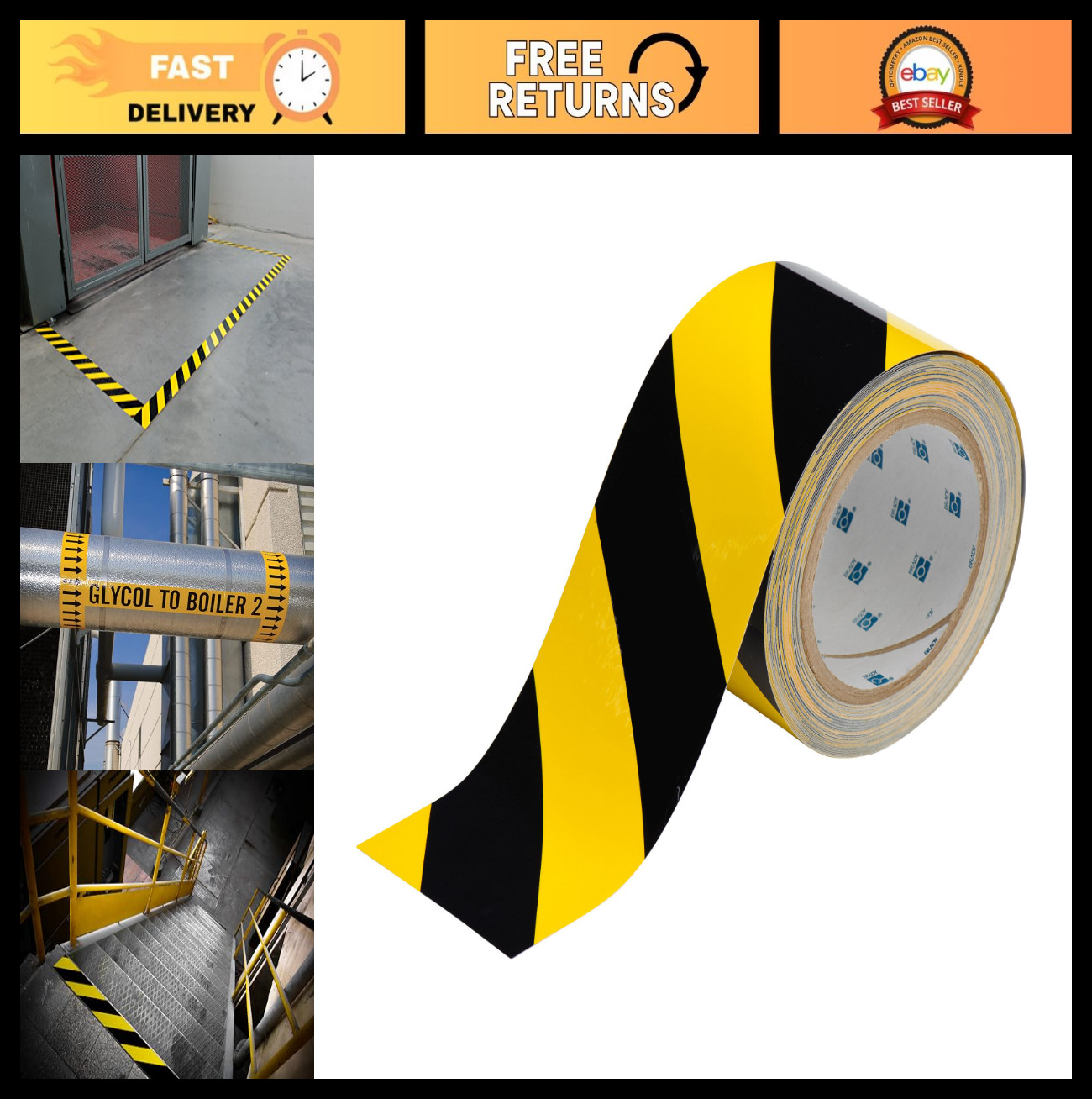Nonabrasive Floor Marking Tape - Black & Yellow Diagonal Stripes, 100' x 4" Roll