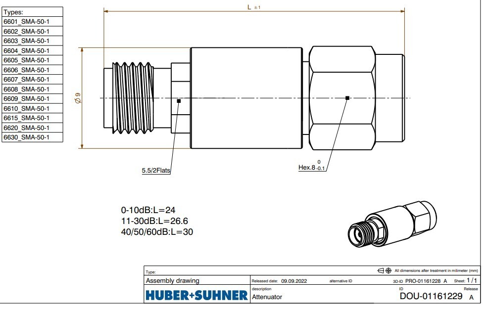 Lot of 5, HUBER+SUHNER, 6606_SMA-50-2/199_NE, Attenuator 6dB, 2W, 6GHz