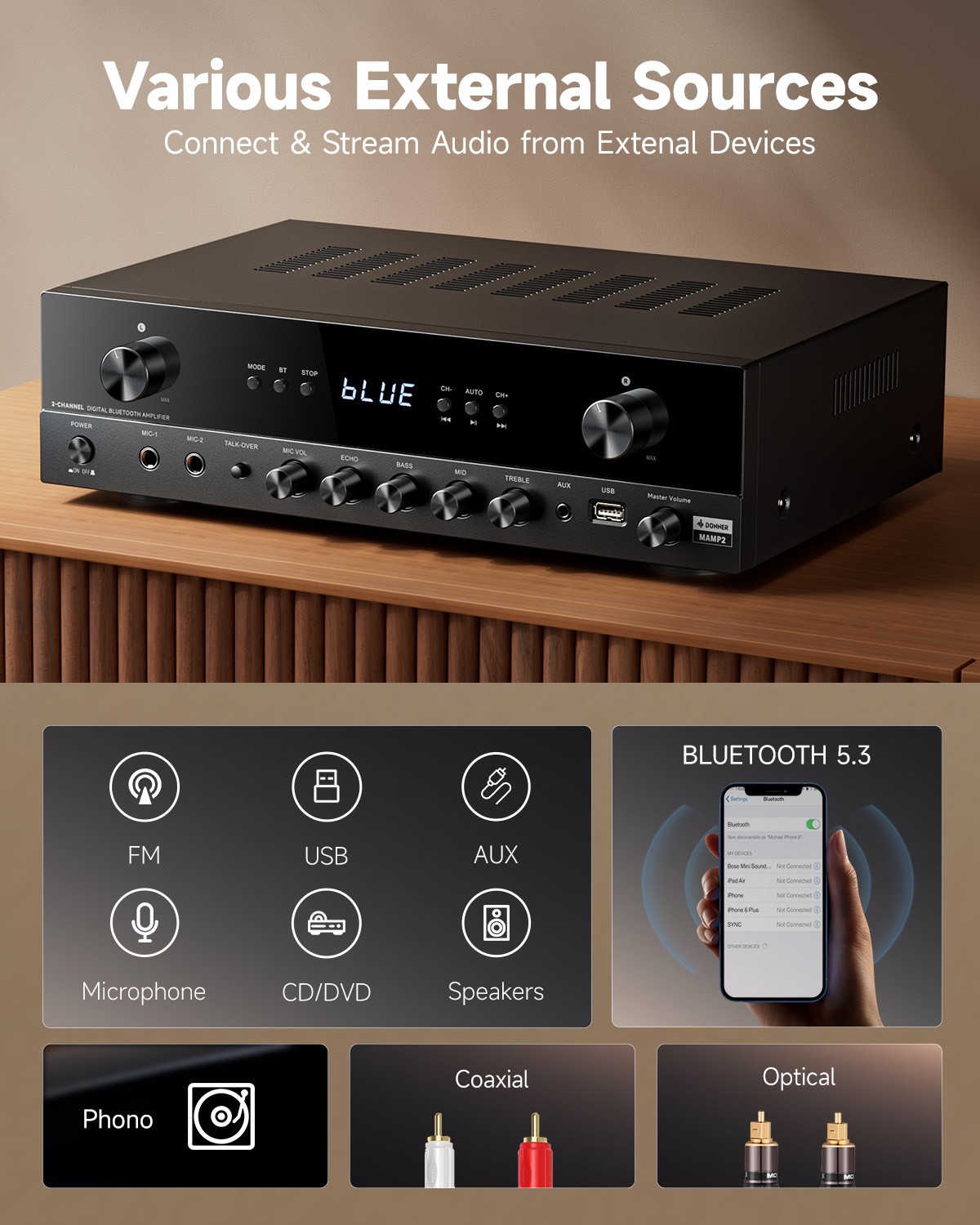 Donner MAMP2 600W Peak Stereo Audio Amplifier Receiver 2 Channel Bluetooth