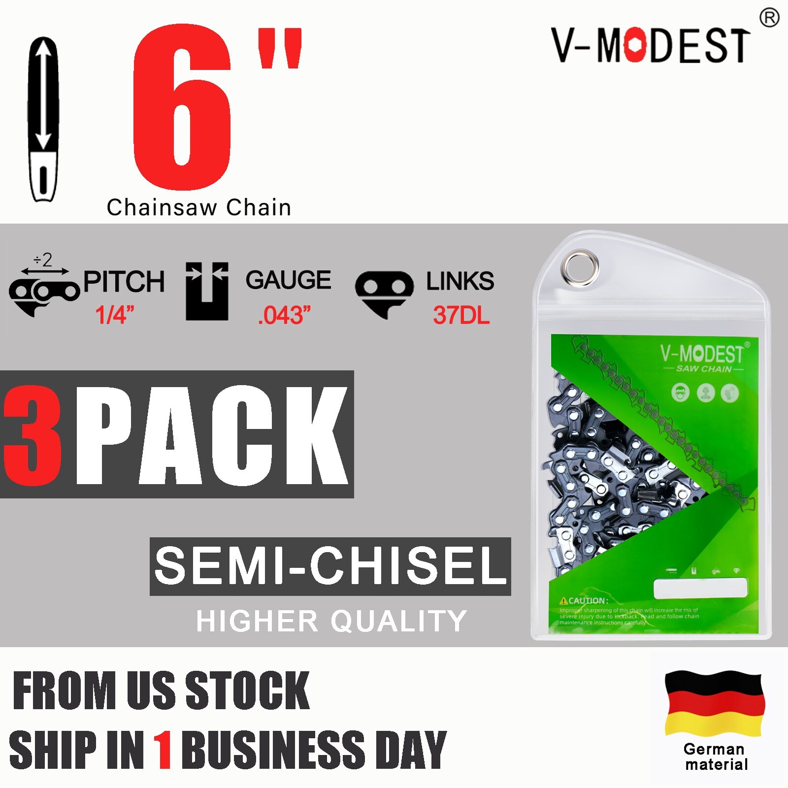 3Pack 6 Inch Chainsaw Chain Blade For Saker Electric Chainsaw 1/4" .043" 37DL