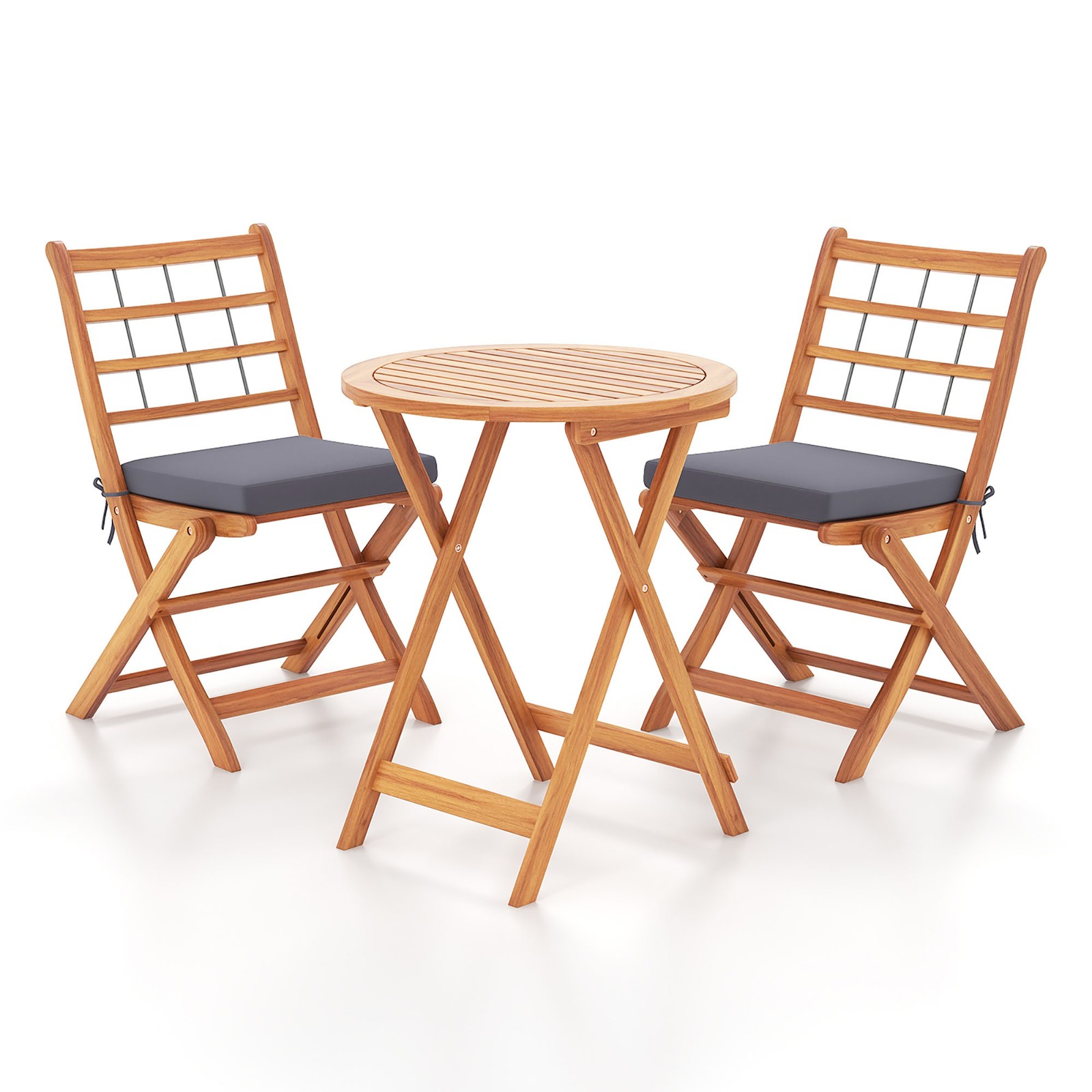 3 PCS Acacia Wood Patio Bistro Set Folding Table & Chairs Set w/ Cushions