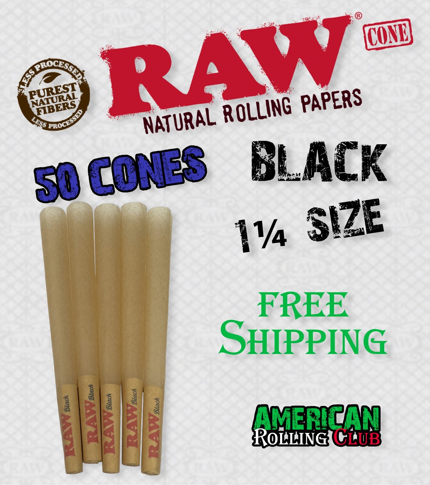 RAW BLACK 1 1/4 CONES 50 PACK~ CIGARETTE PAPERS~CRUSH PROF BOX