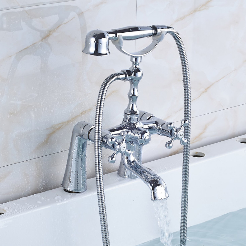 Bathroom Polished Chrome Deck Mounted ClawFoot Tub Faucet With Hand Shower