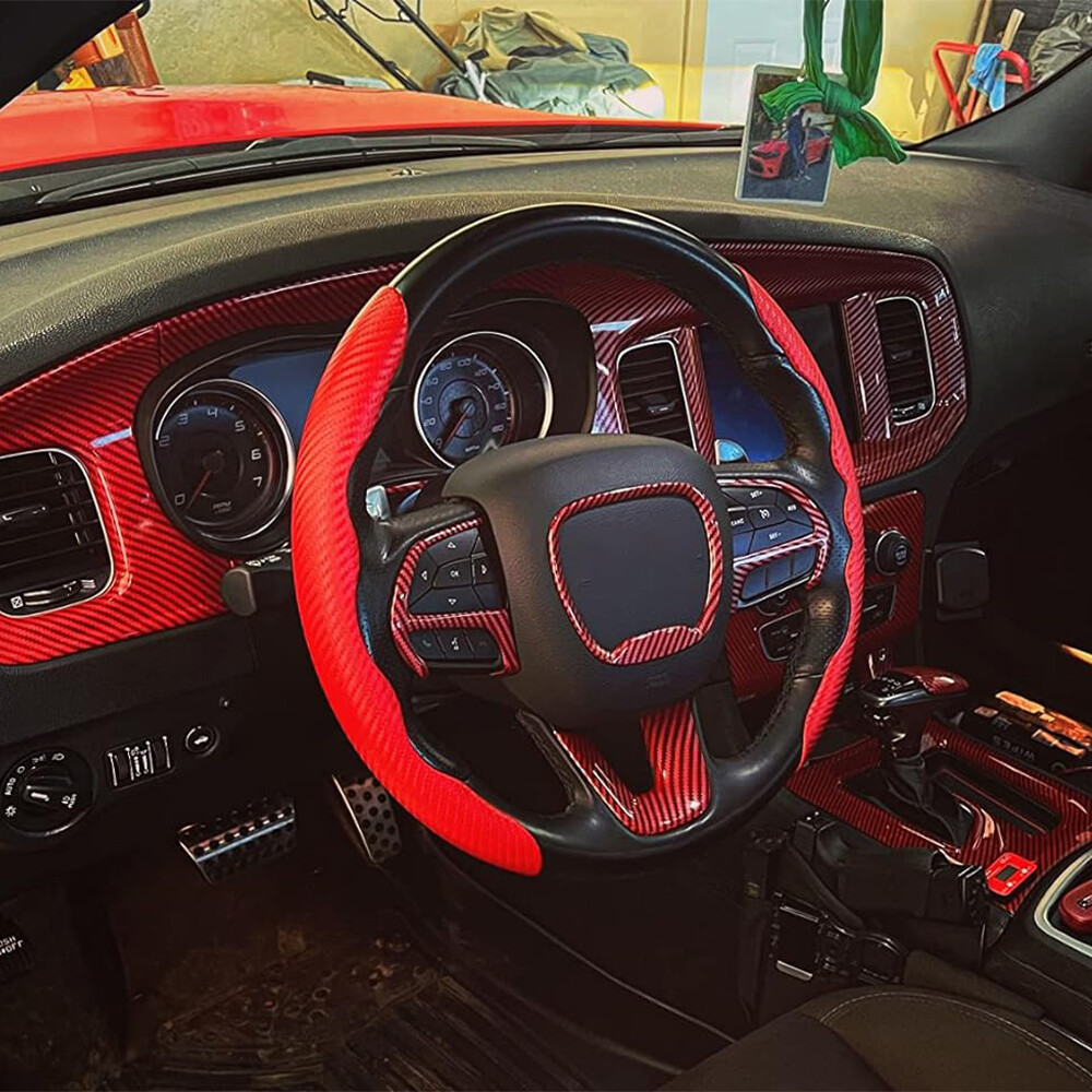 For Dodge Charger 15" Red Carbon Fiber Leather Car Steering Wheel Booster Cover
