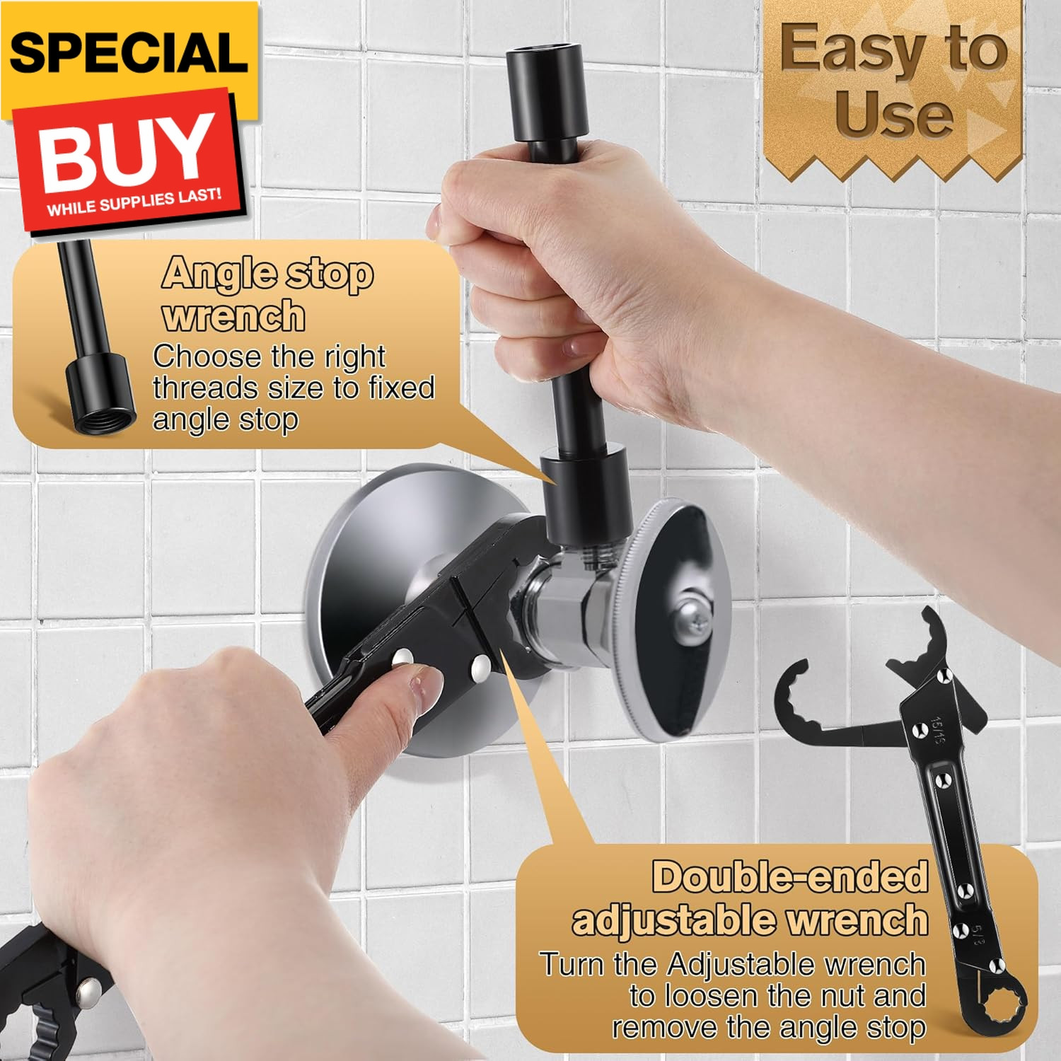 3 in 1 Plumbing Tools Angle Stop Wrench Kit with Compression Sleeve Puller Tool,