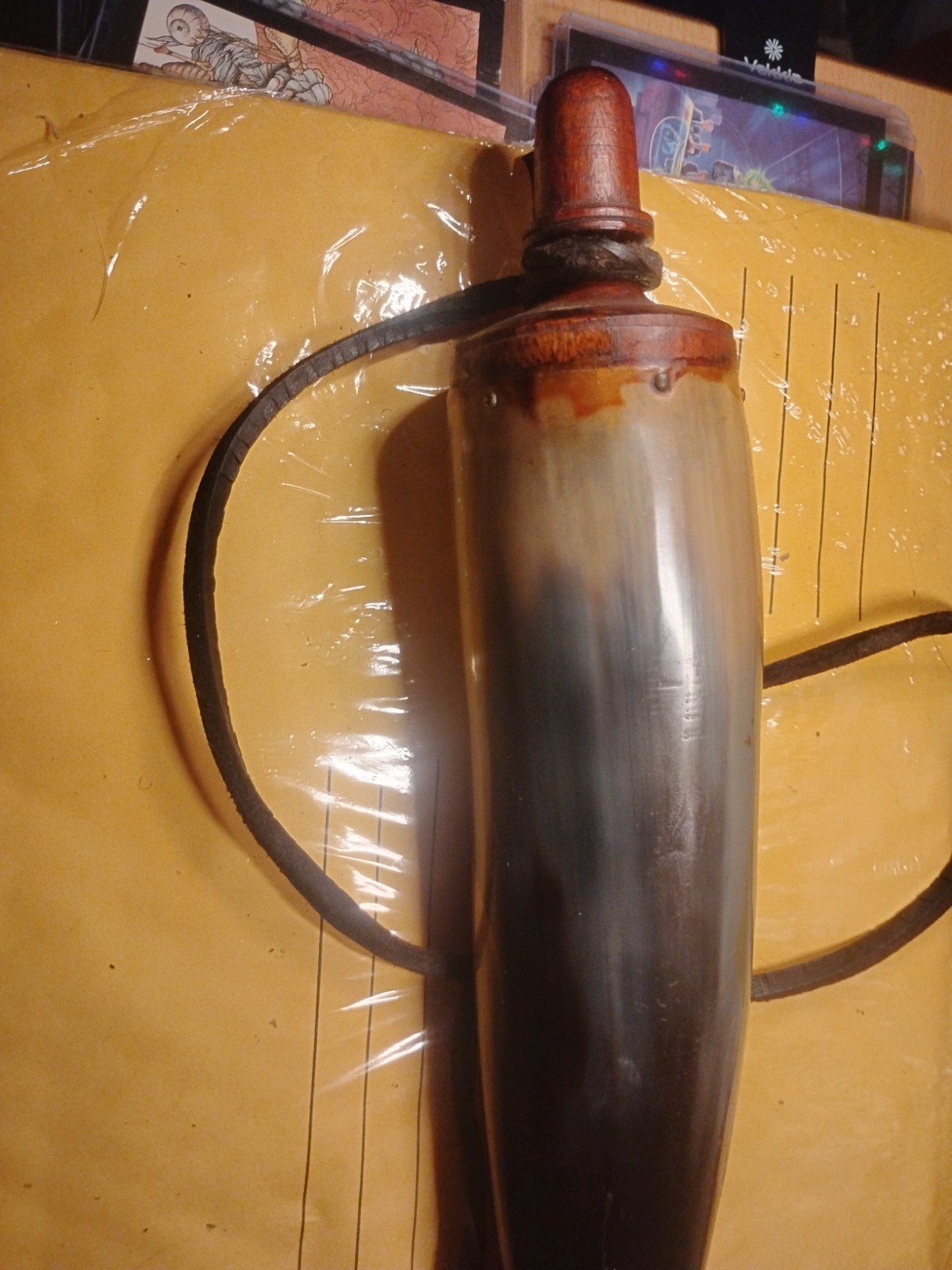 Functional Buffalo Black Powder Horn with Brass Valve & Leather Carry Strap
