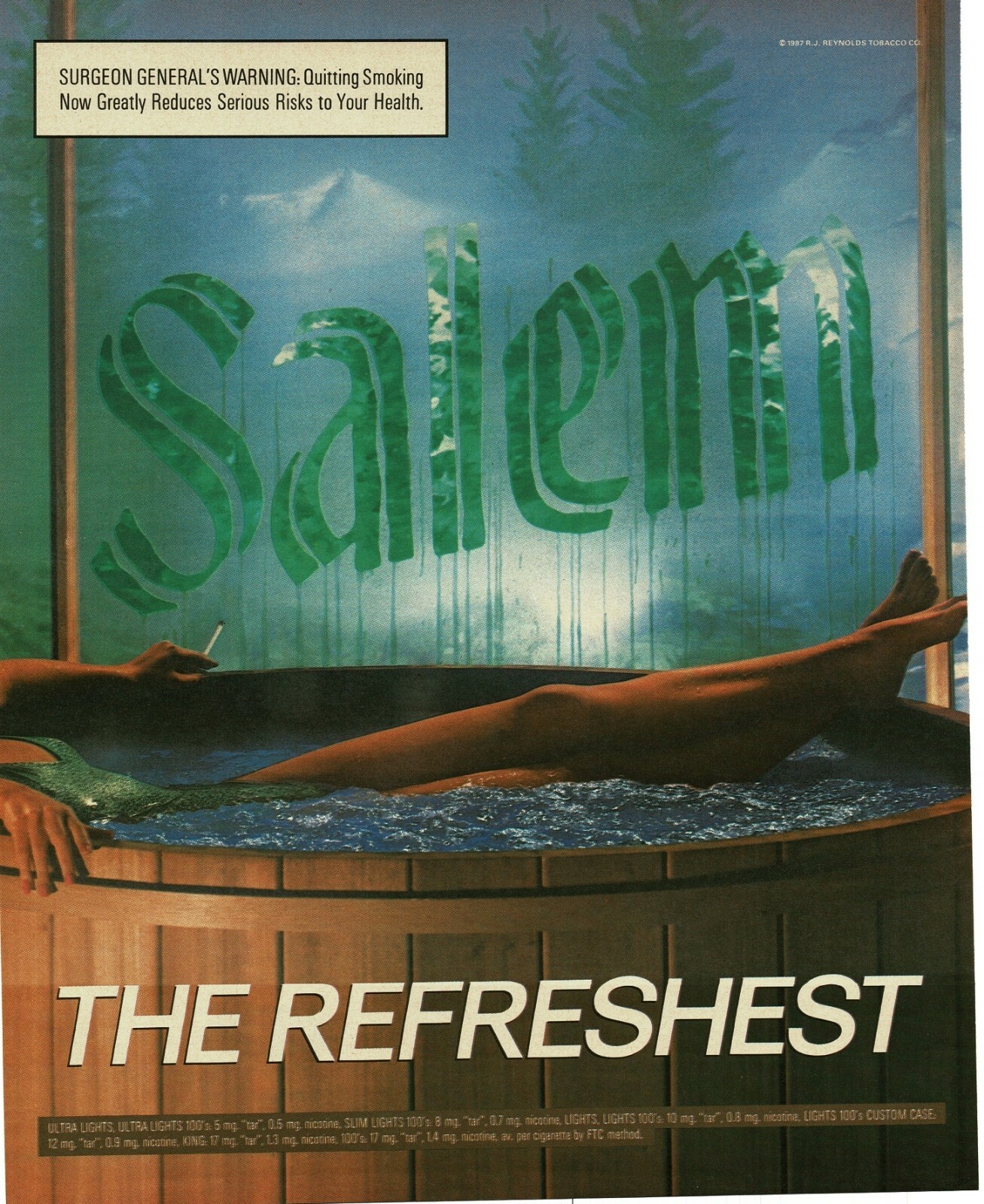 1987 SALEM Cigarettes relaxing in hot tub Vintage Print Ad
