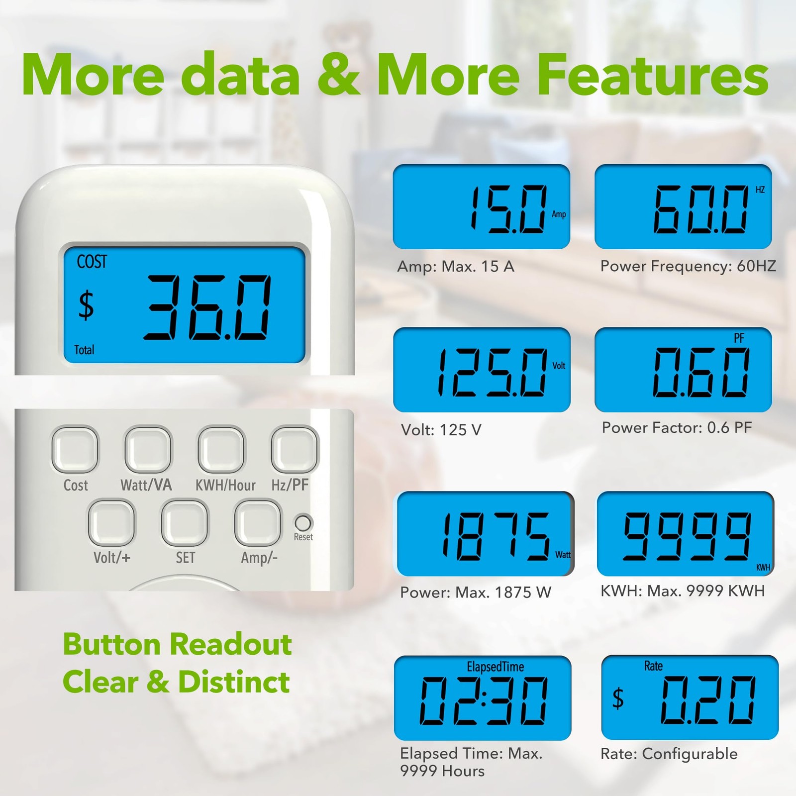 HBN Watt Meter Plug with Backlight, Plug-in Socket Power 1 Pack, White