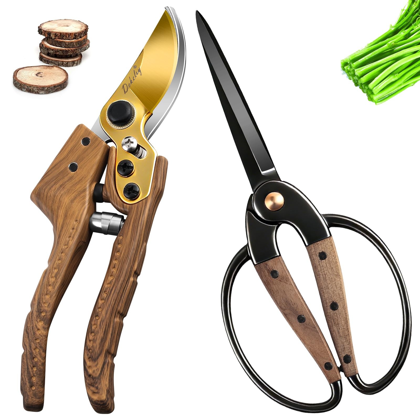 Dekeliy 2Pack Garden Pruning Shears Set: Ultra Sharp SK5 Blade Wood Grain