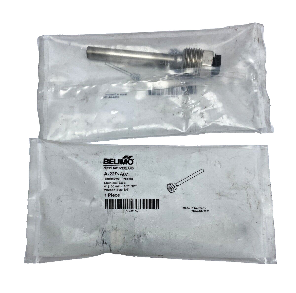 Lot Of 2, Belimo A-22P-A07 Stainless Steel Thermowell Pocked, 4", 1/2"NPT