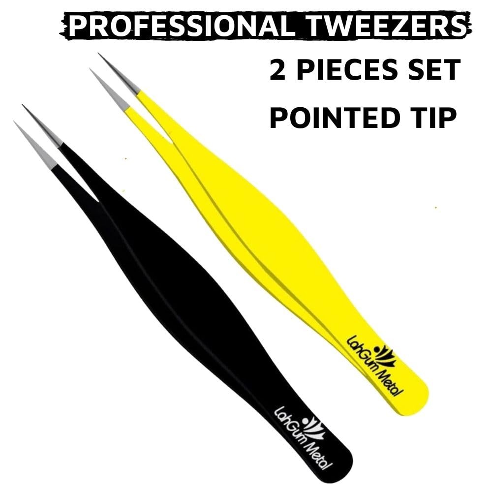 Super Sharp Pointed Tweezers Precision Fine Point Tip Ingrown Yellow & Black