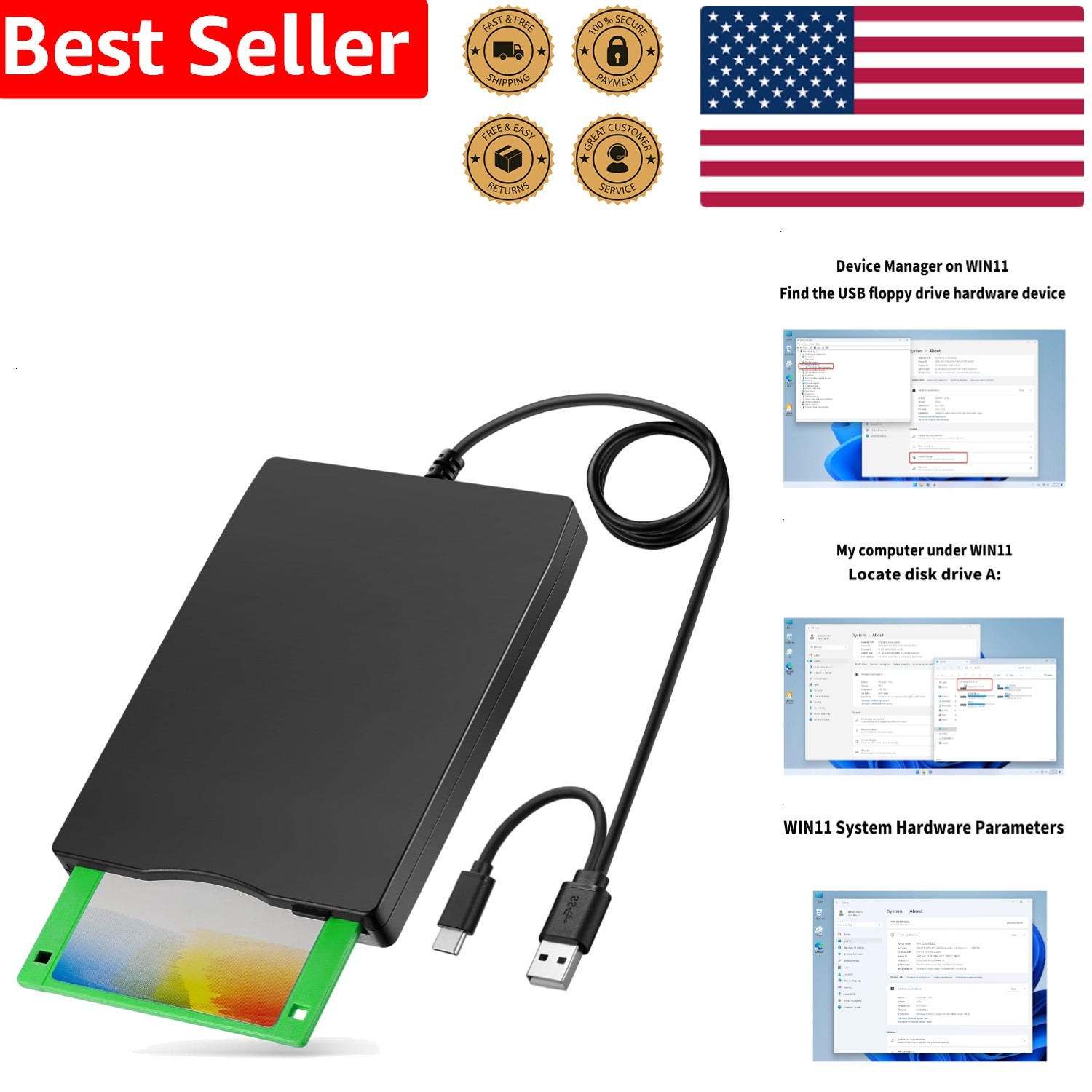 External 3.5 Inch Floppy Disk Drive USB Reader, Portable 1.44MB FDD