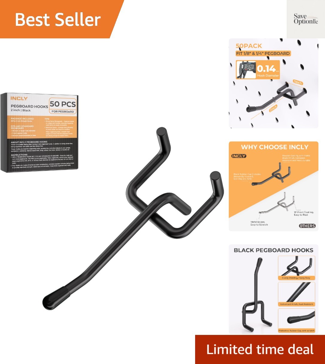 50 Pack Black Pegboard Hooks, 2 Inch Metal Peg Board Hooks Accessories, Peg B...