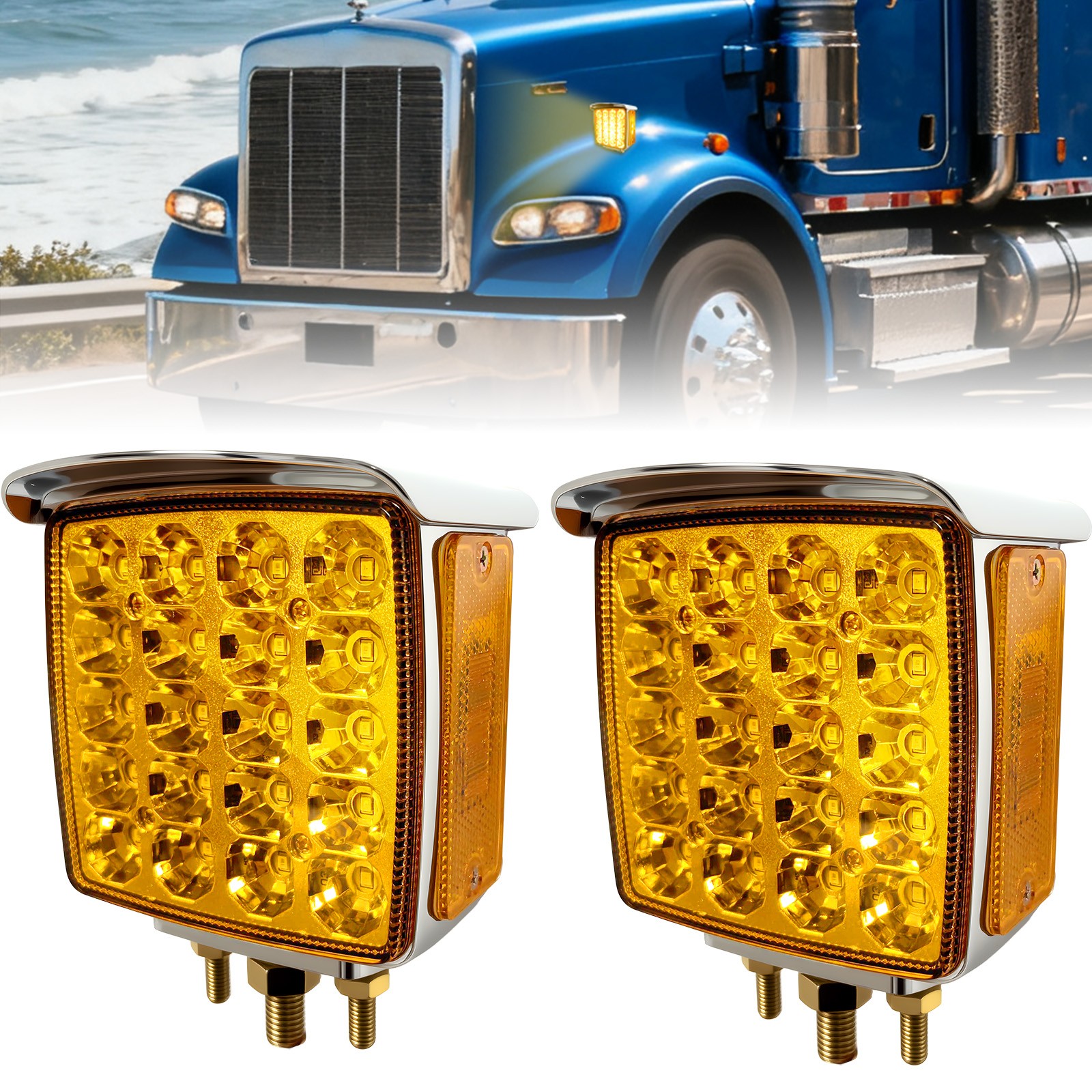 Pair Amber/Red Square LED Double Face Stud Mount Cab Fender Turn Signal Lights