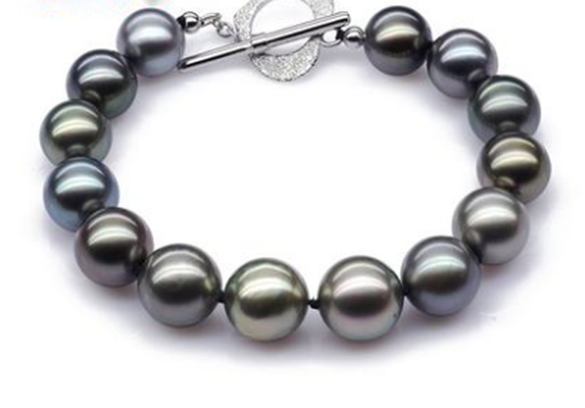 Stunning natural 11-12mm round black green pearl bracelet 7.5-8'' 925s