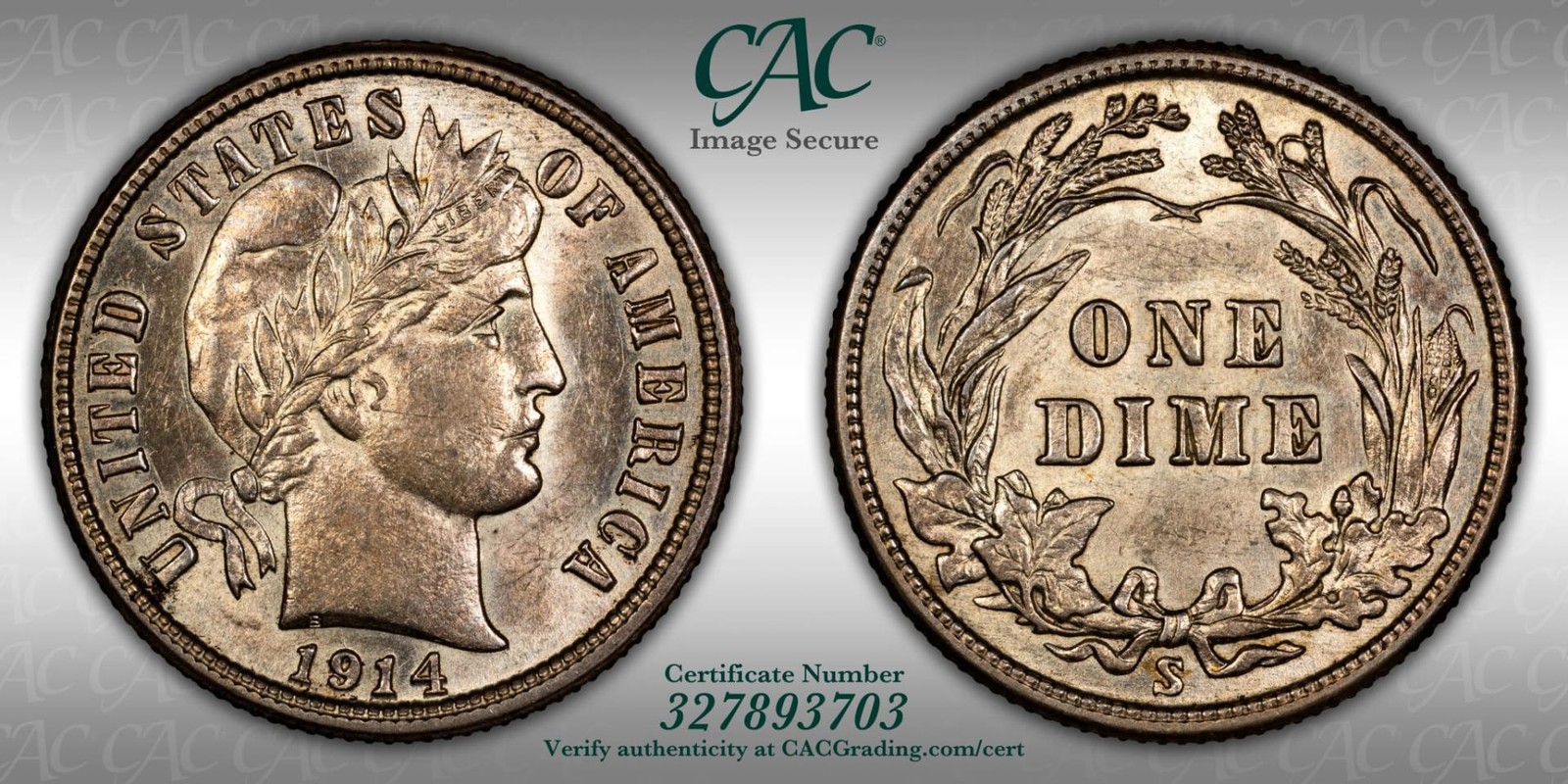 1914-S 10C Barber Dime CACG AU58+