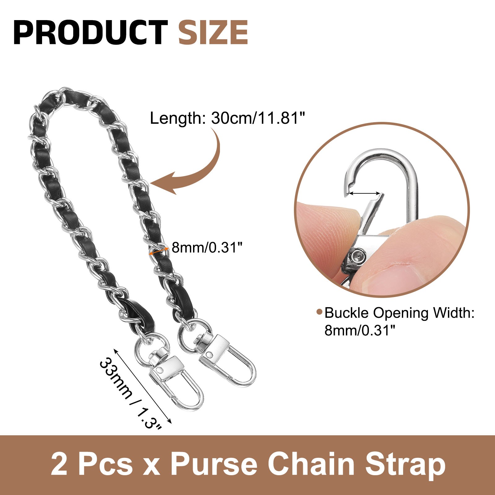 2Pcs 12" Purse Chain Strap with Buckle for Bags(Black, Silver)