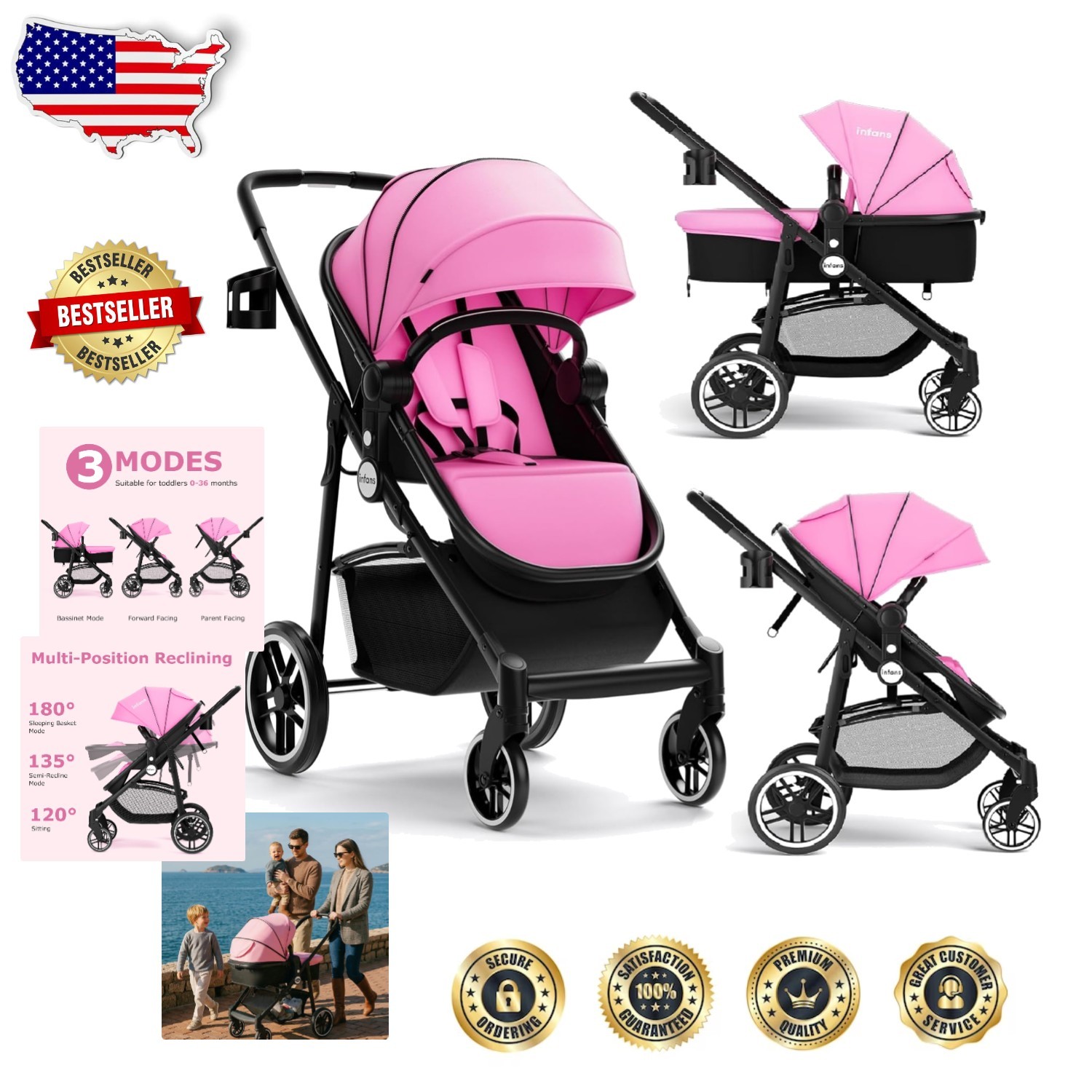 Pink Infant Stroller Reversible Bassinet Pram, 5-Point Safety, Foldable, 360°...