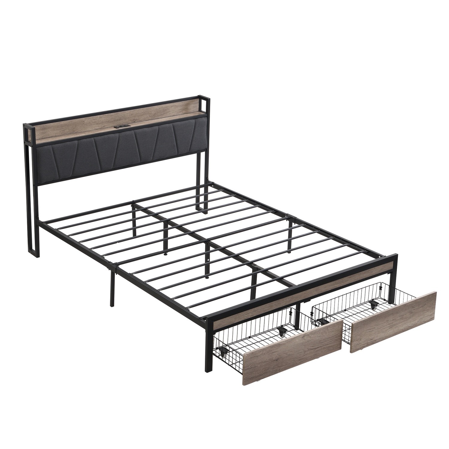 Full Size Bed Frame with Upholstered Headboard Metal Platform Bed w/ 2 Drawers