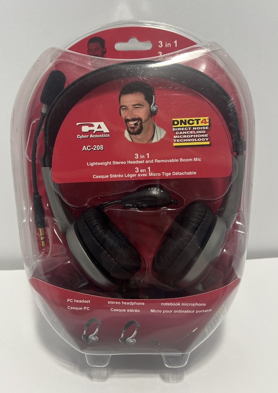 Cyber Acoustics AC-208 DNCT4 3-in-1 Stereo PC Headset With Boom Mic New Sealed