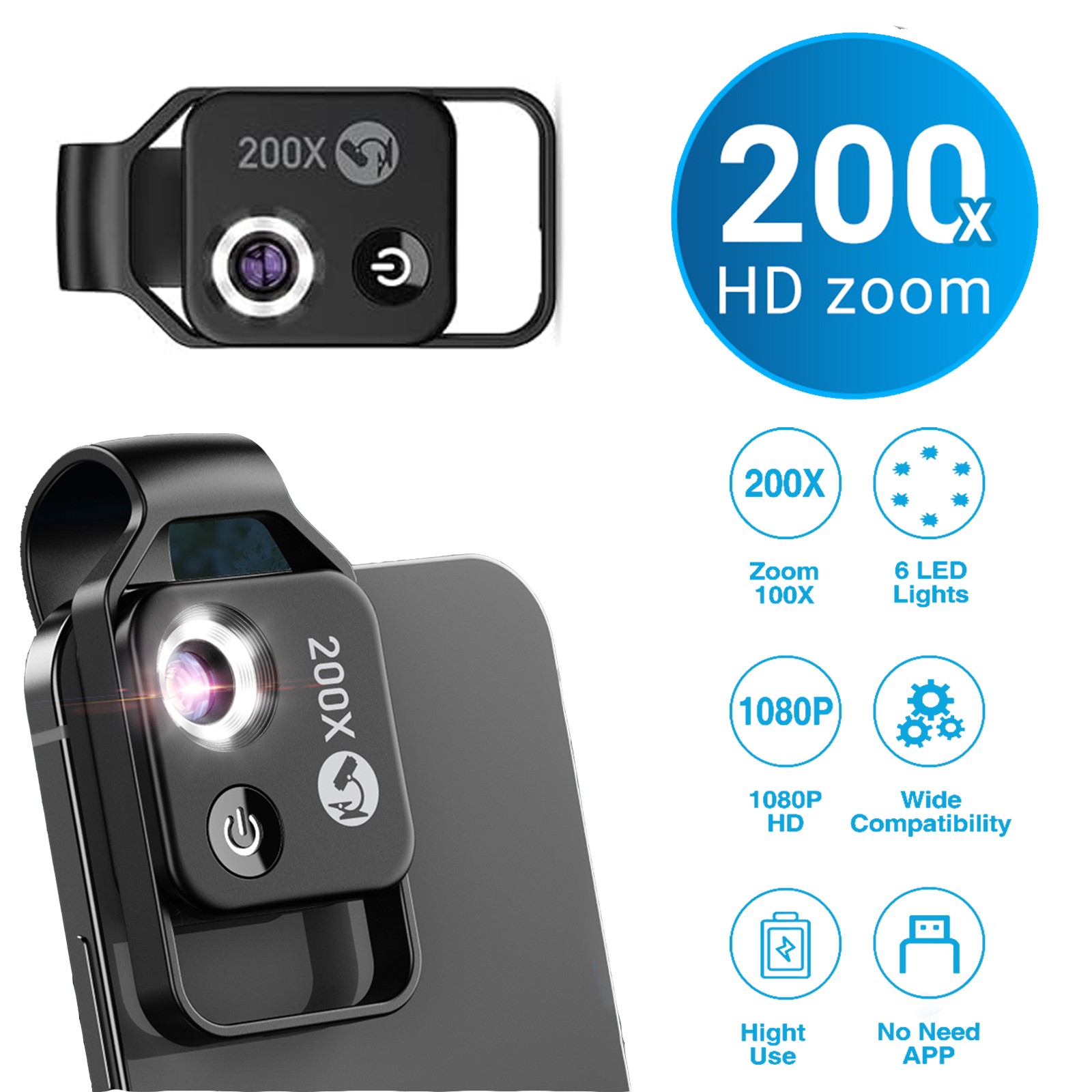 200X Phone Microscope Lens High Magnification with LED Light For iPhone Samsung