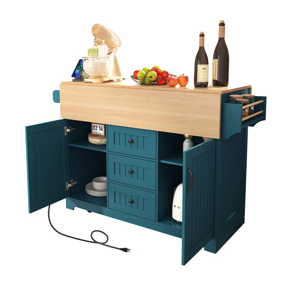 55.7'' Large Kitchen Island with 2 Drop Leaf,, Rolling Kitchen Cart on 5 Wheels