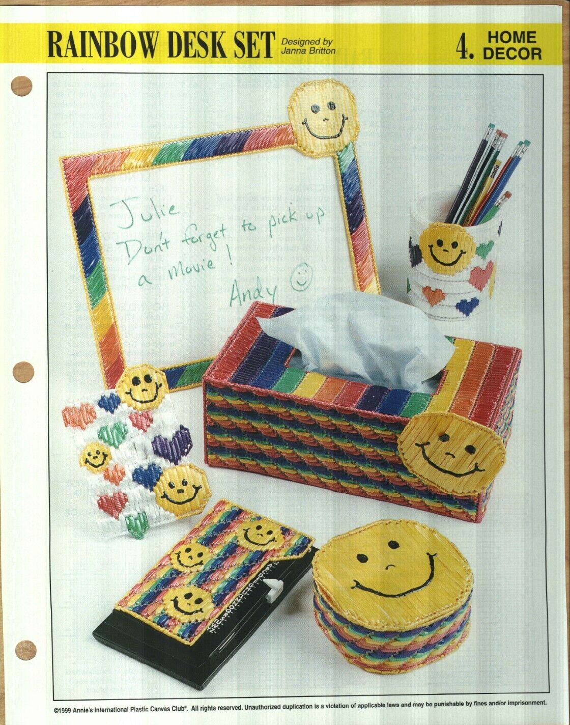 NEW RAINBOW DESK SET TISSUE COVER ANNIE'S PLASTIC CANVAS PATTERN INSTRUCTIONS