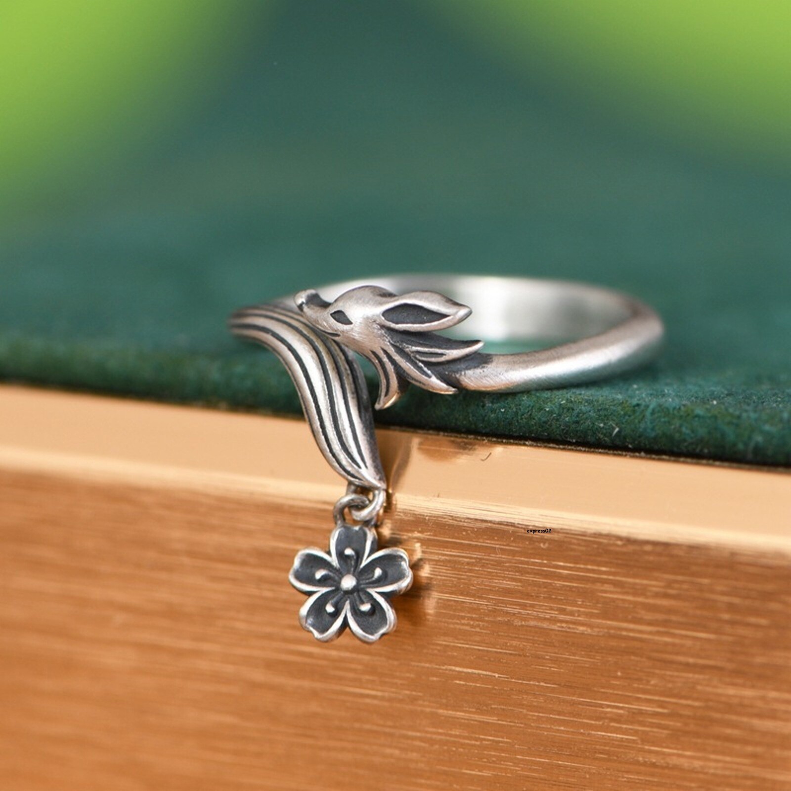 Solid 925 Sterling Silver Band Women gift Flower Fox Open Ring