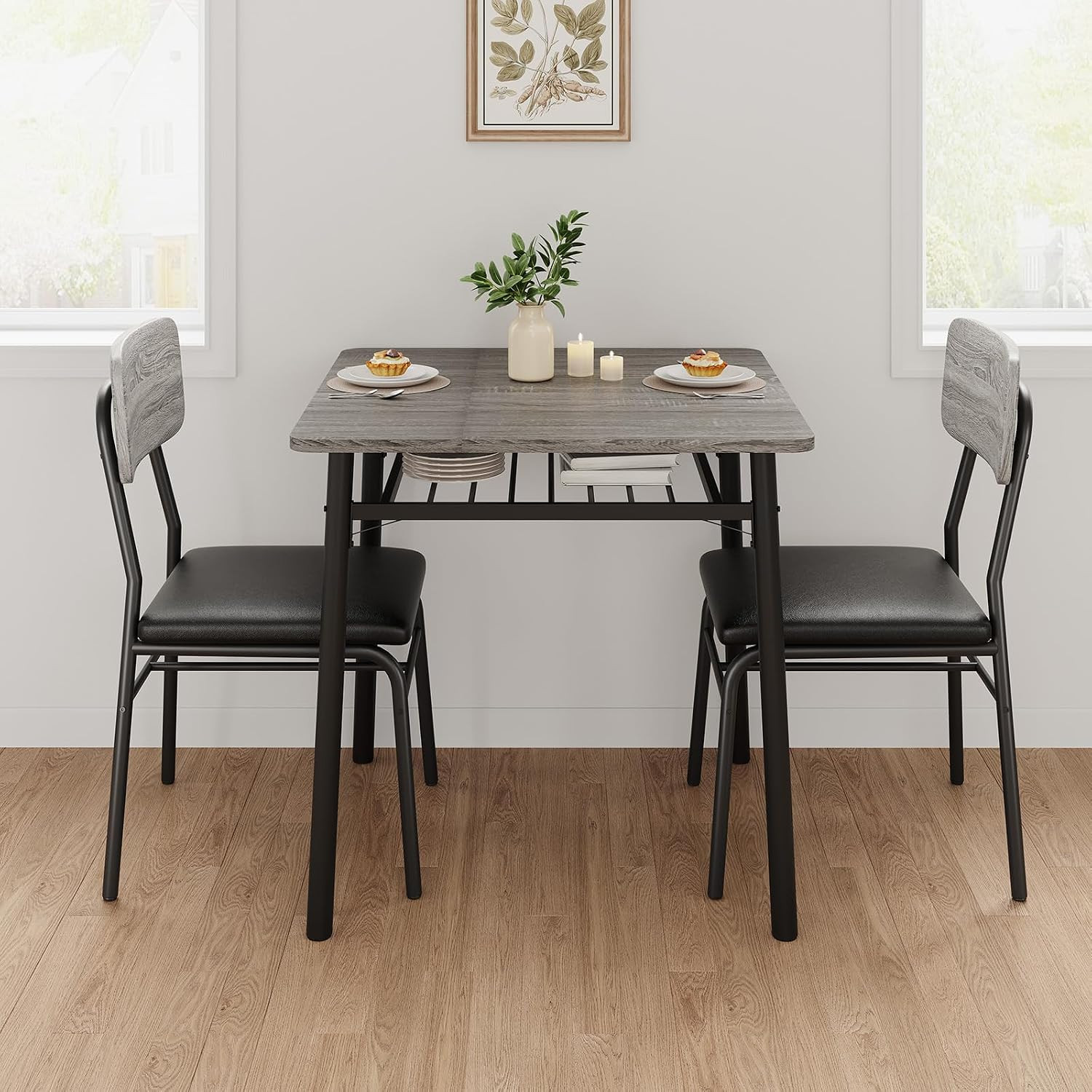 Dining Table Set for 2 with Storage Rack, Gray | 3-Piece Small Kitchen Table and