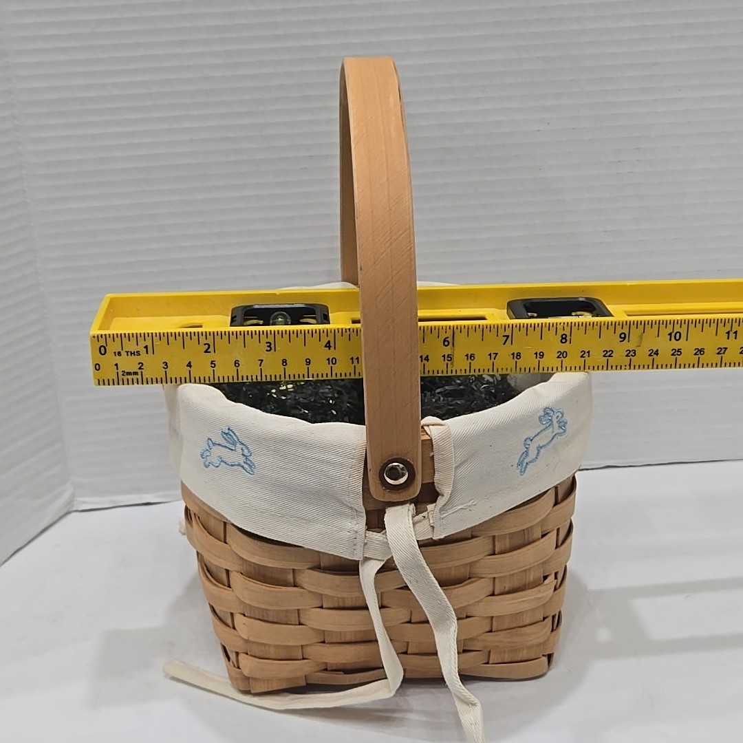 Easter Basket Woven Wood Handle Linen Embroidered Bunny & Carrots Spring