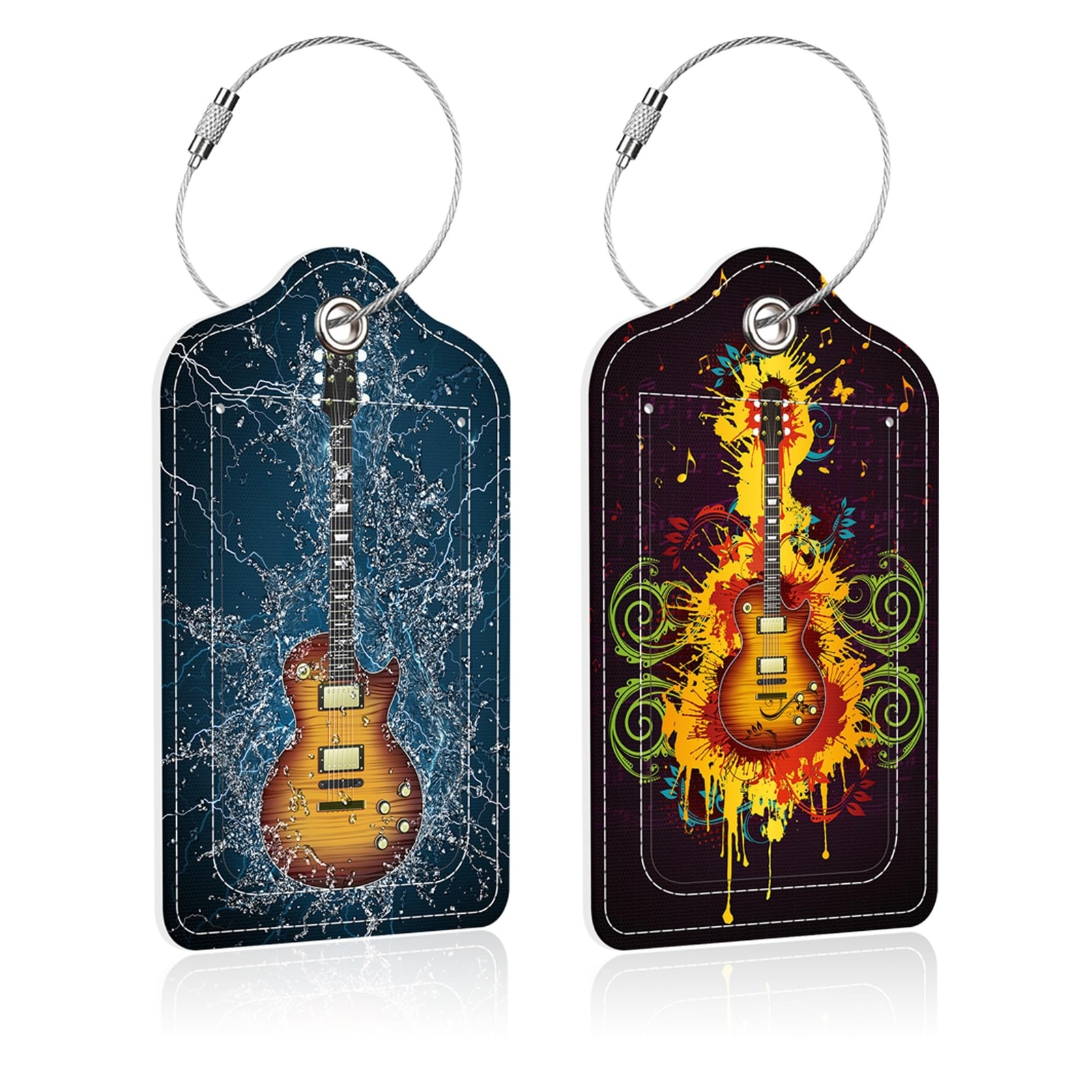 2 Pack Electric Guitar Luggage Tag for Suitcase,Guitar in Water PU Leather Su...