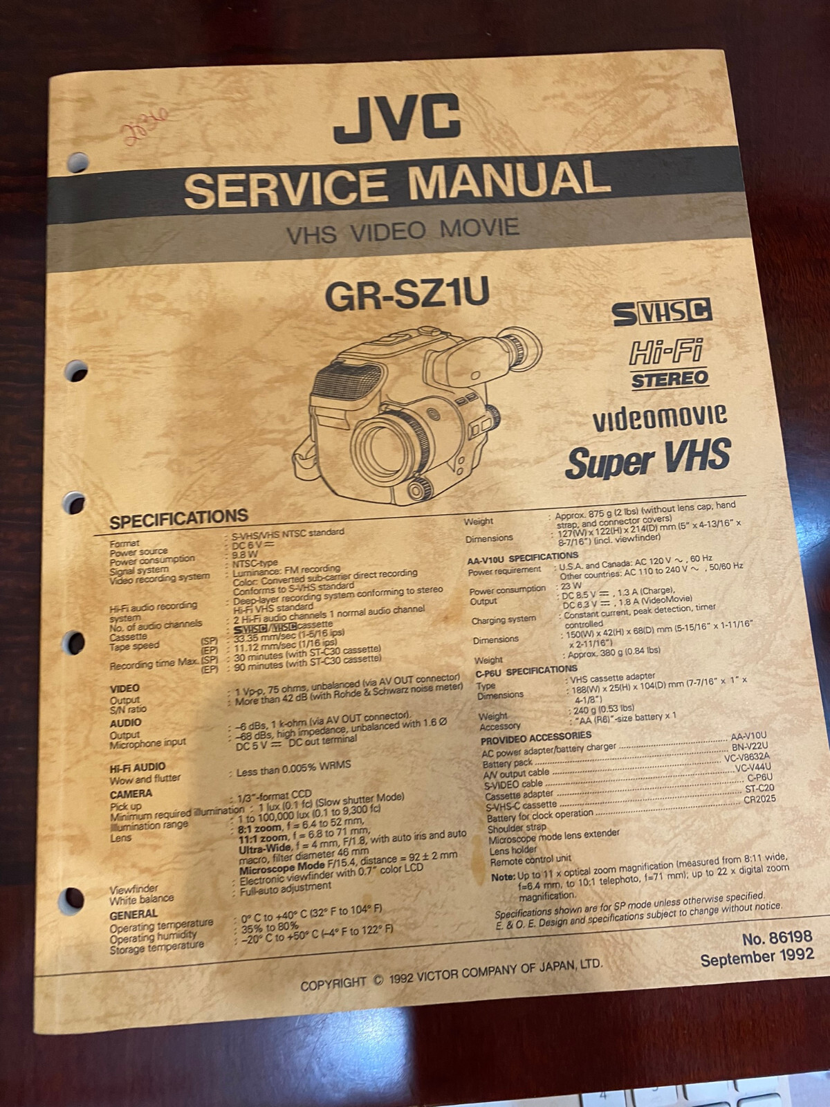 JVC GR-SZ1U GRSZ1U Repair Service Manual FROM THE USA **ORIGINAL**
